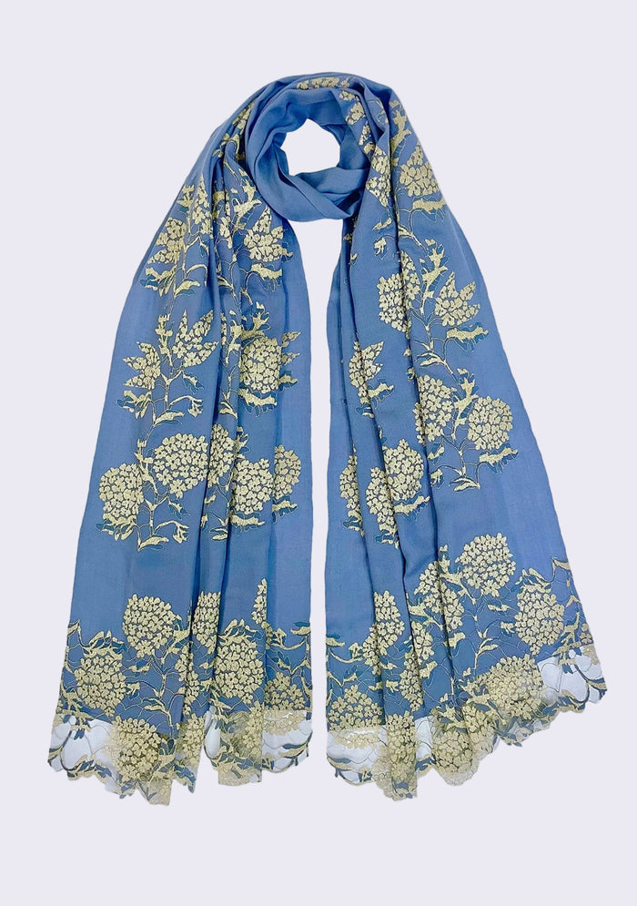 Maneesha Ruia denim blue wool and silk scarf with gold lace, luxury designer scarf for women