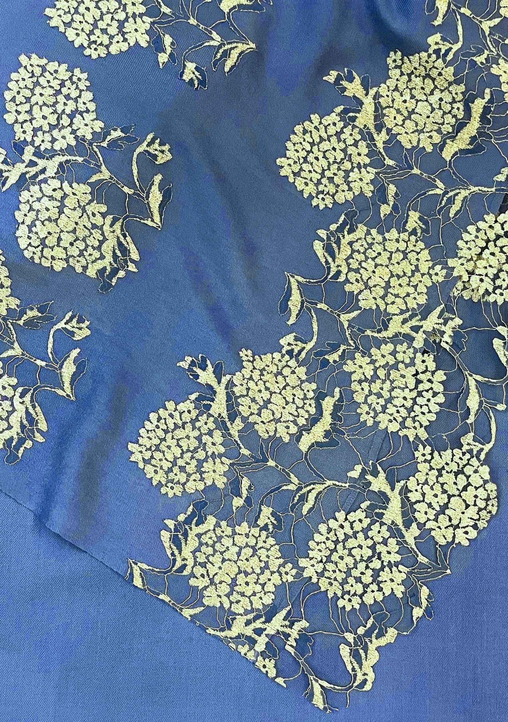 Maneesha Ruia denim blue wool and silk scarf with gold lace, luxury designer scarf for women