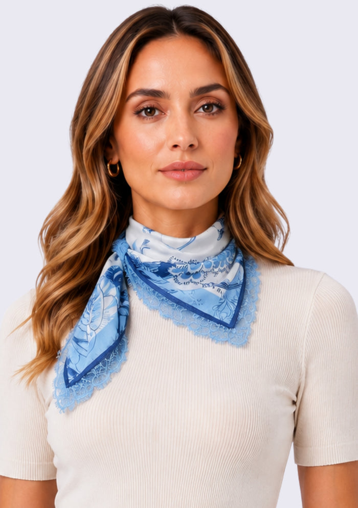 Maneesha Ruia Denim Jacobean Print Silk Square Scarf — botanical print with denim lace border in silk twill