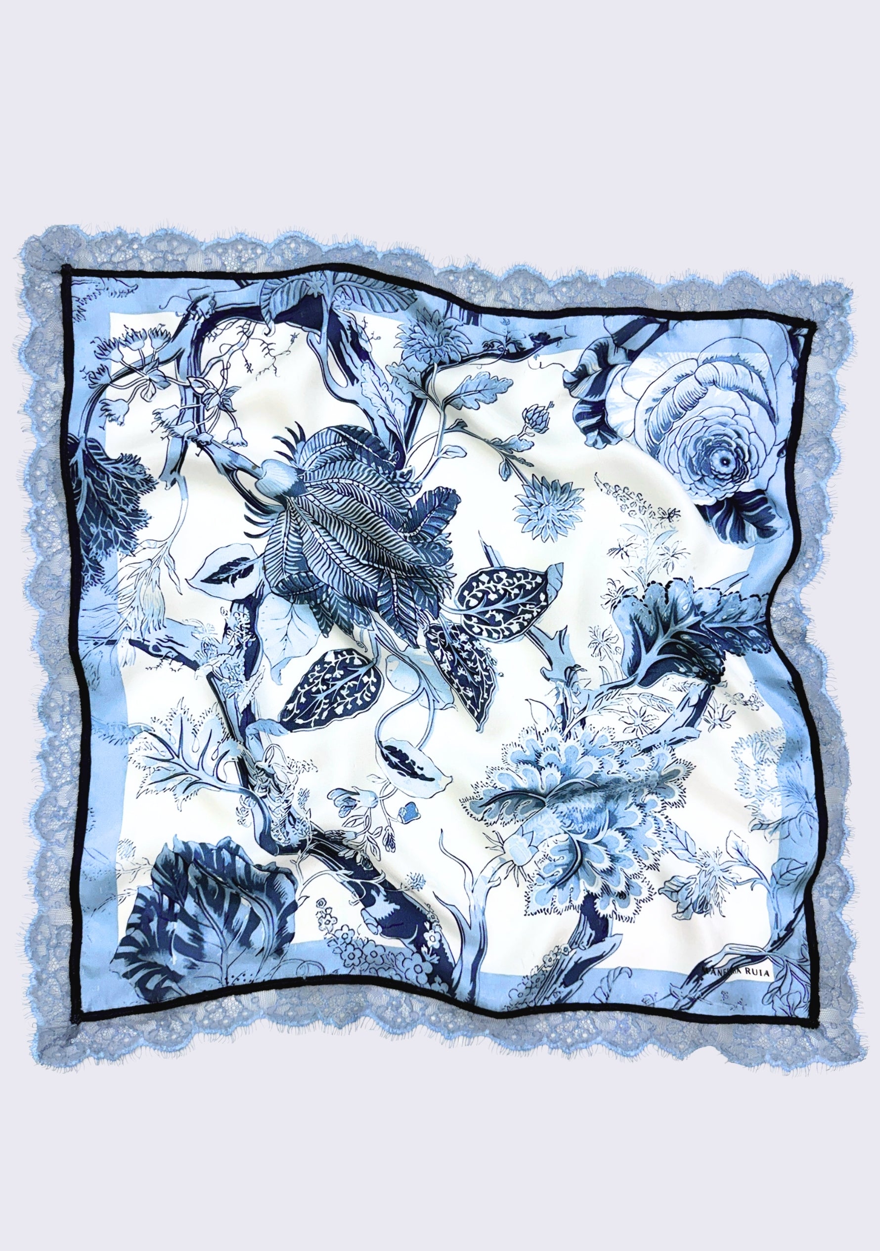 Maneesha Ruia Denim Jacobean Print Silk Square Scarf — botanical print with denim lace border in silk twill