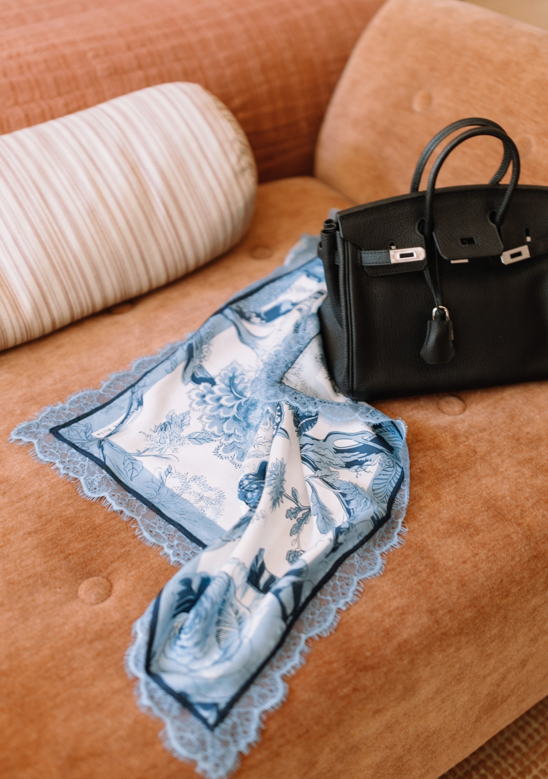 Maneesha Ruia Denim Jacobean Print Silk Square Scarf — botanical print with denim lace border in silk twill