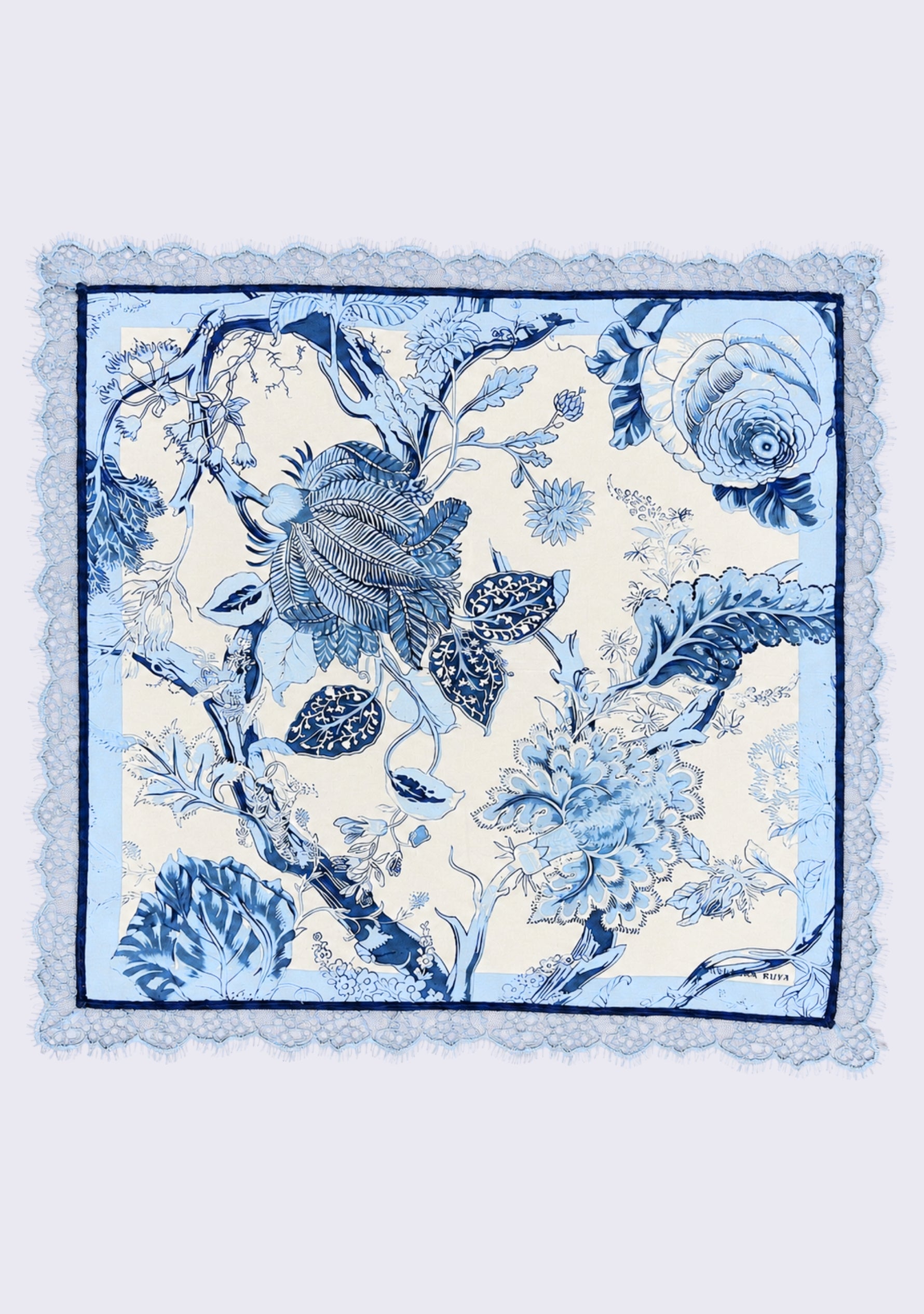 Maneesha Ruia Denim Jacobean Print Silk Square Scarf — botanical print with denim lace border in silk twill