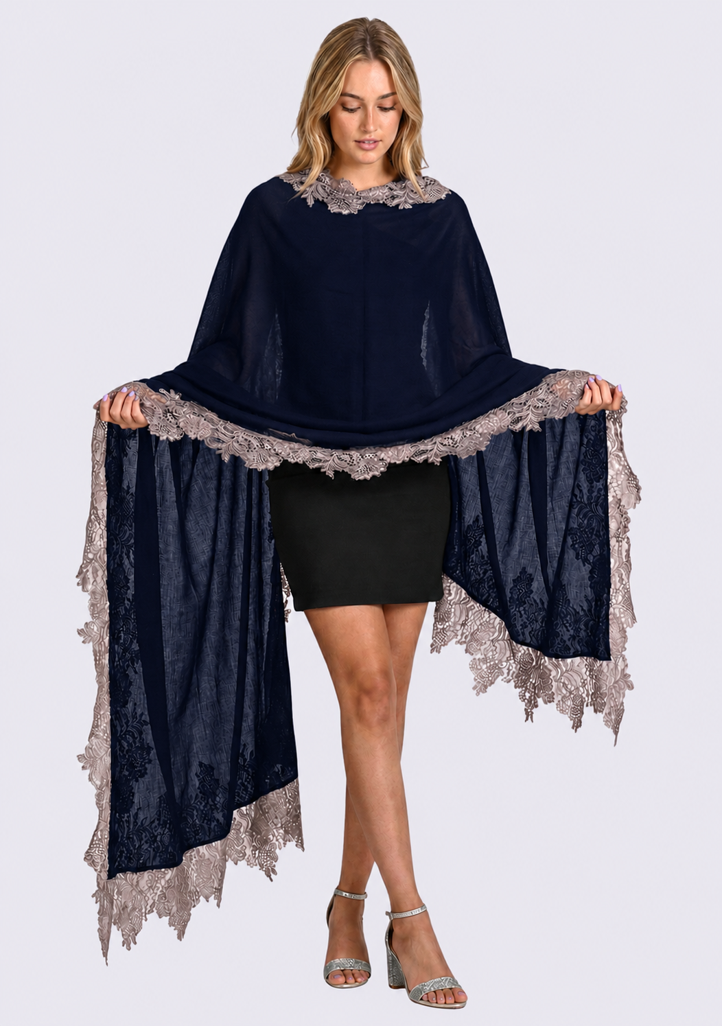 Dark denim blue wool silk scarf with silver lace