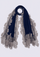 A dark denim blue scarf with intricate silver-gray floral lace trim, draped elegantly against a light gray background.