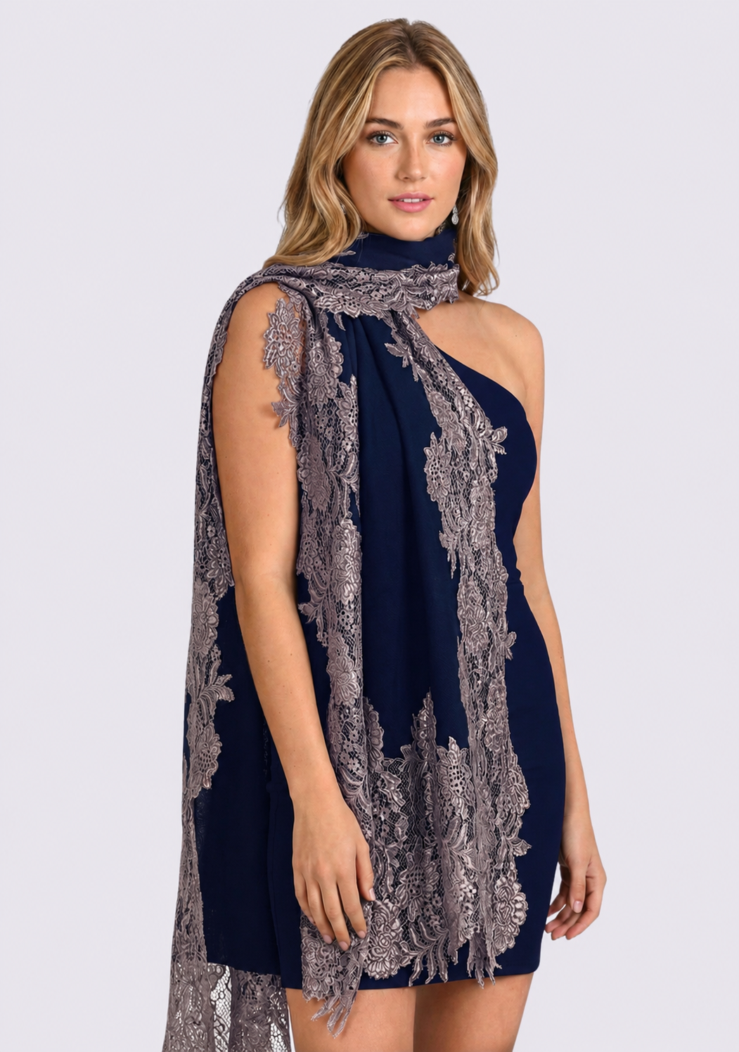 Dark denim blue wool silk scarf with silver lace