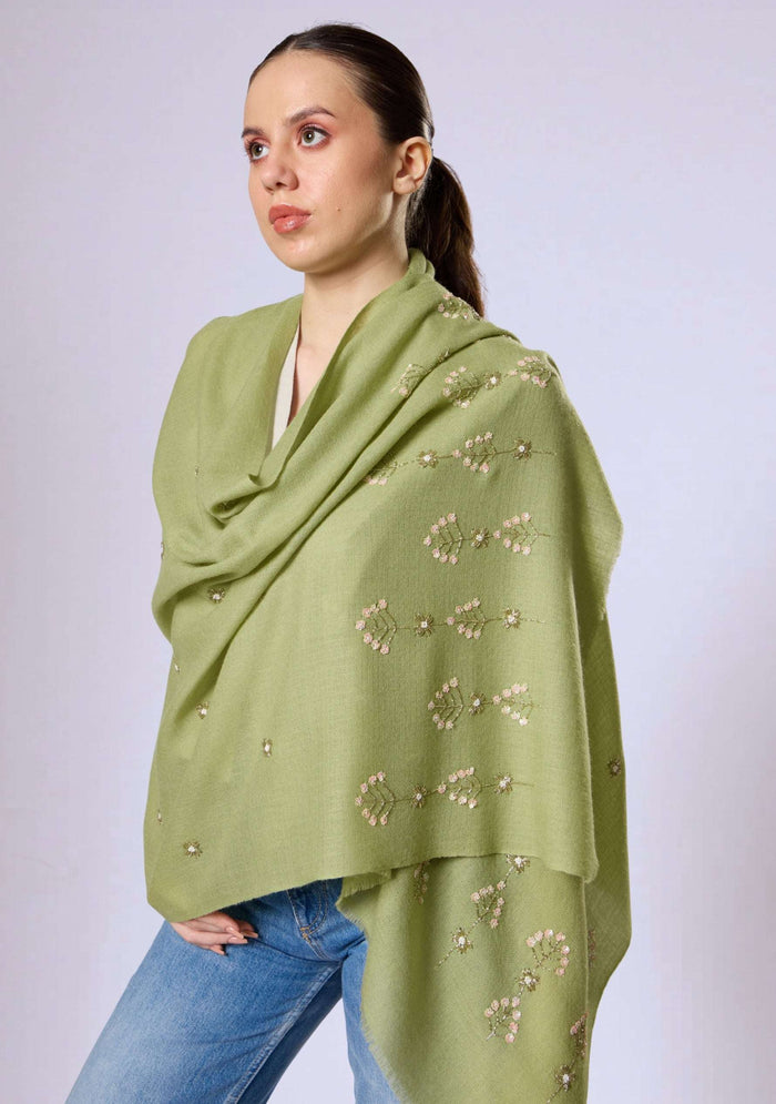 Maneesha Ruia fern green cashmere scarf with metallic bead and sequin embroidery, luxury designer scarf for women