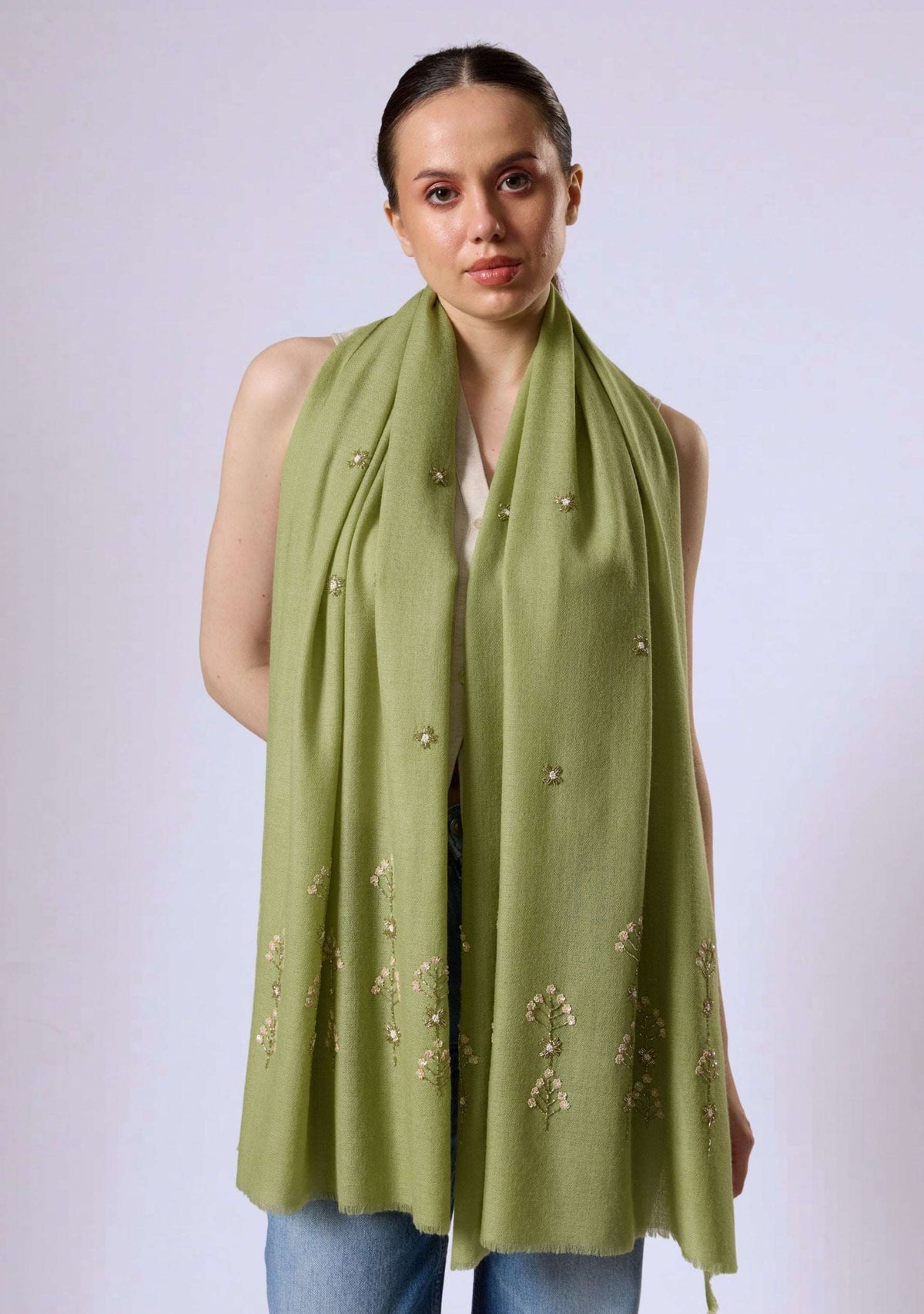 Maneesha Ruia fern green cashmere scarf with metallic bead and sequin embroidery, luxury designer scarf for women