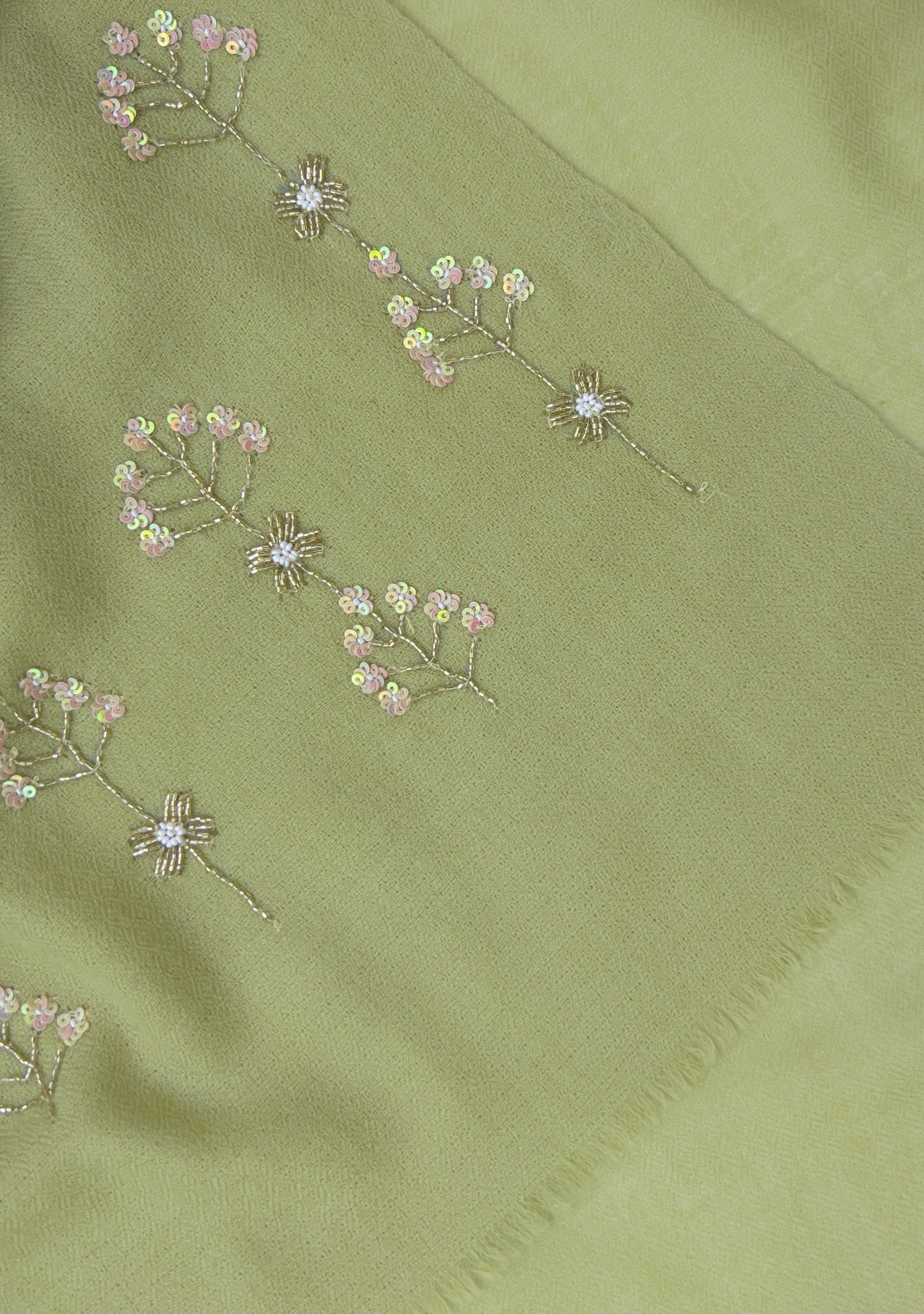 Maneesha Ruia fern green cashmere scarf with metallic bead and sequin embroidery, luxury designer scarf for women