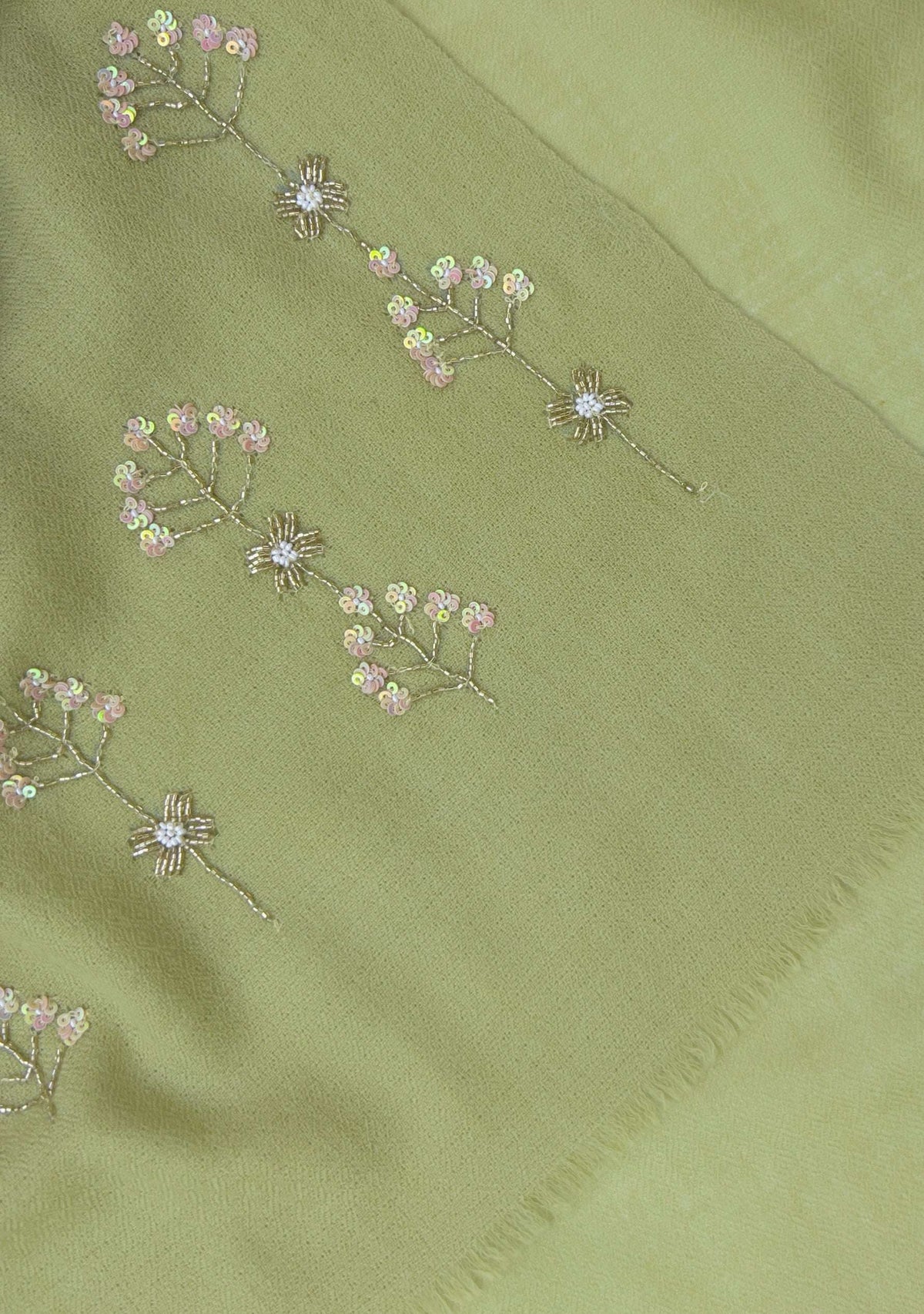 Maneesha Ruia fern green cashmere scarf with metallic bead and sequin embroidery, luxury designer scarf for women