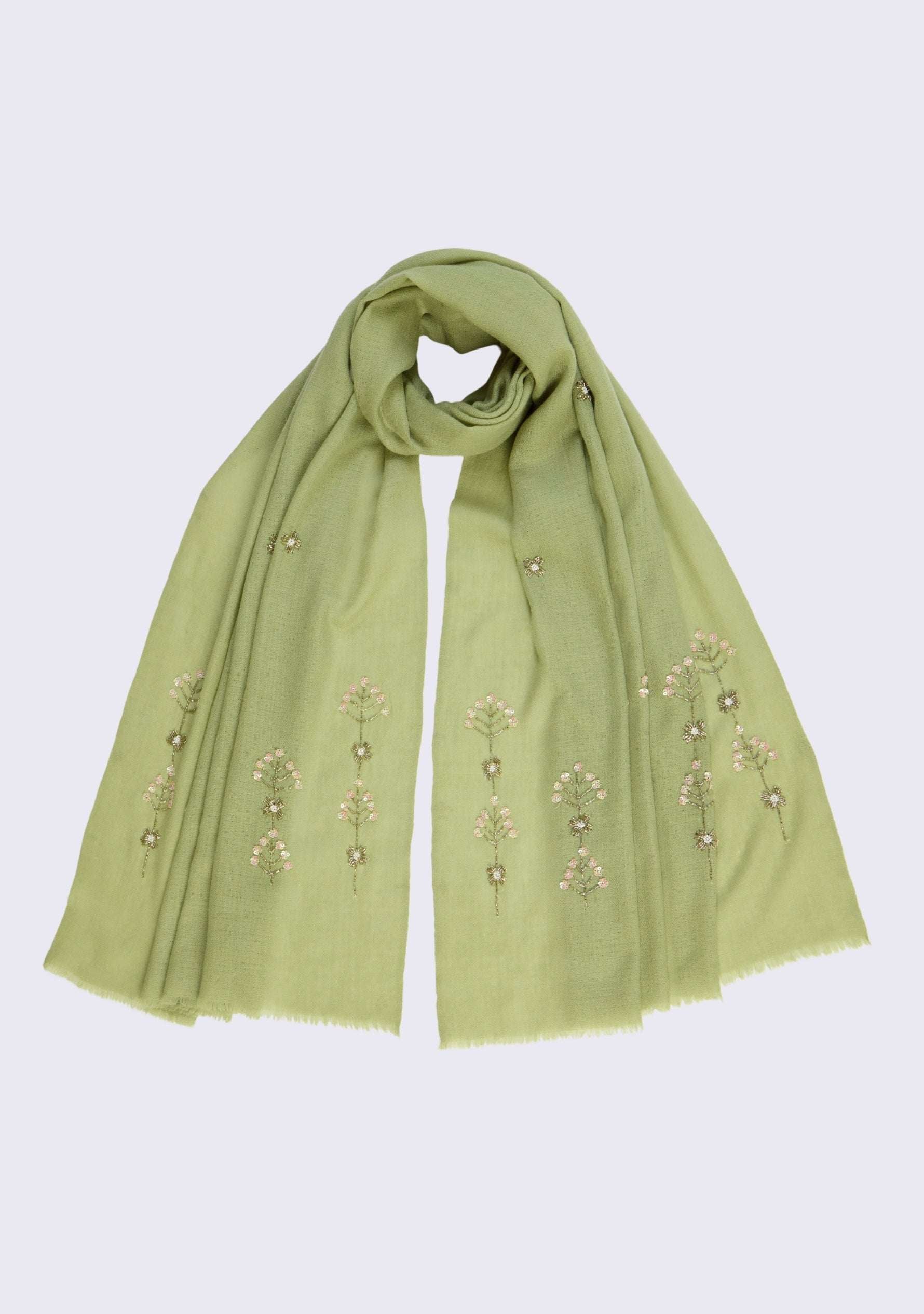 Maneesha Ruia fern green cashmere scarf with metallic bead and sequin embroidery, luxury designer scarf for women