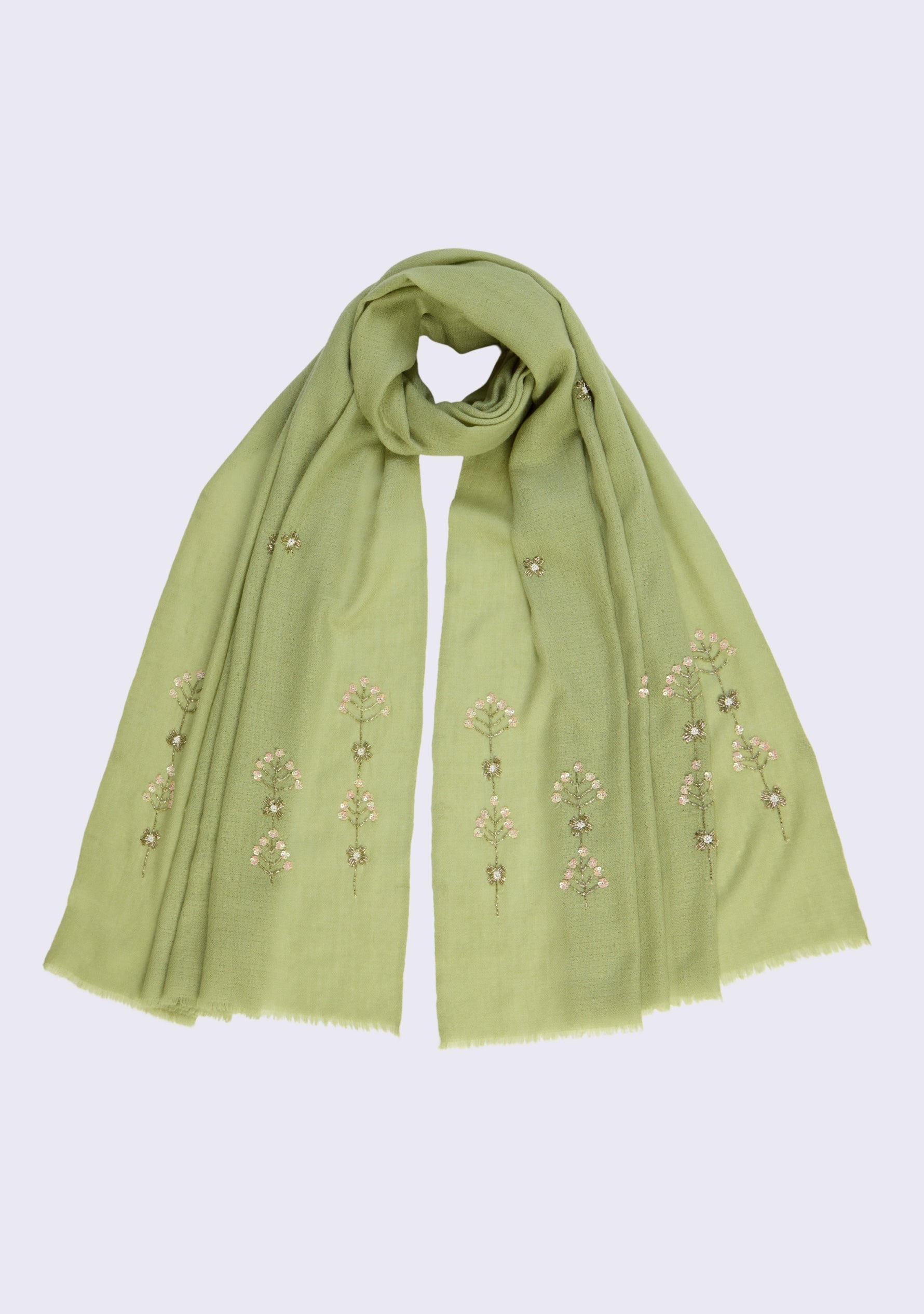 Maneesha Ruia fern green cashmere scarf with metallic bead and sequin embroidery, luxury designer scarf for women