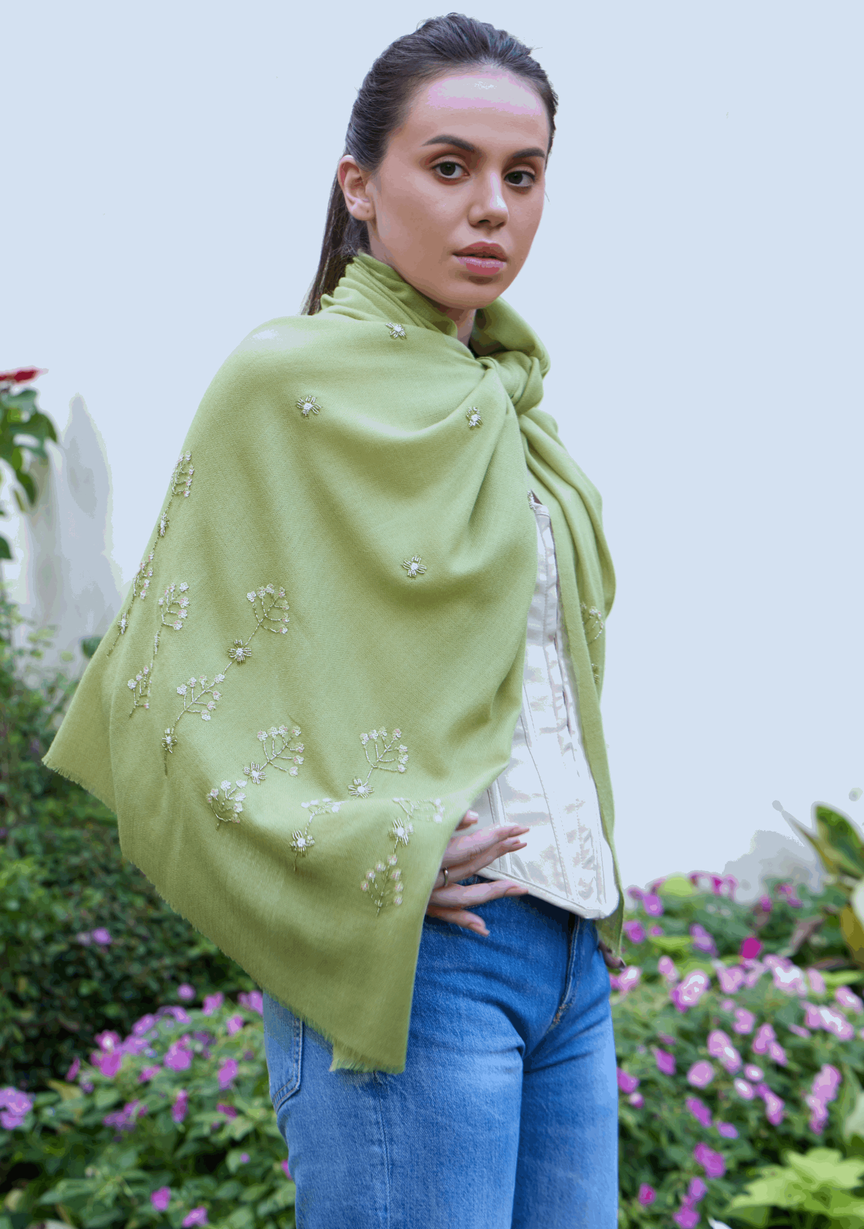 Maneesha Ruia fern green cashmere scarf with metallic bead and sequin embroidery, luxury designer scarf for women