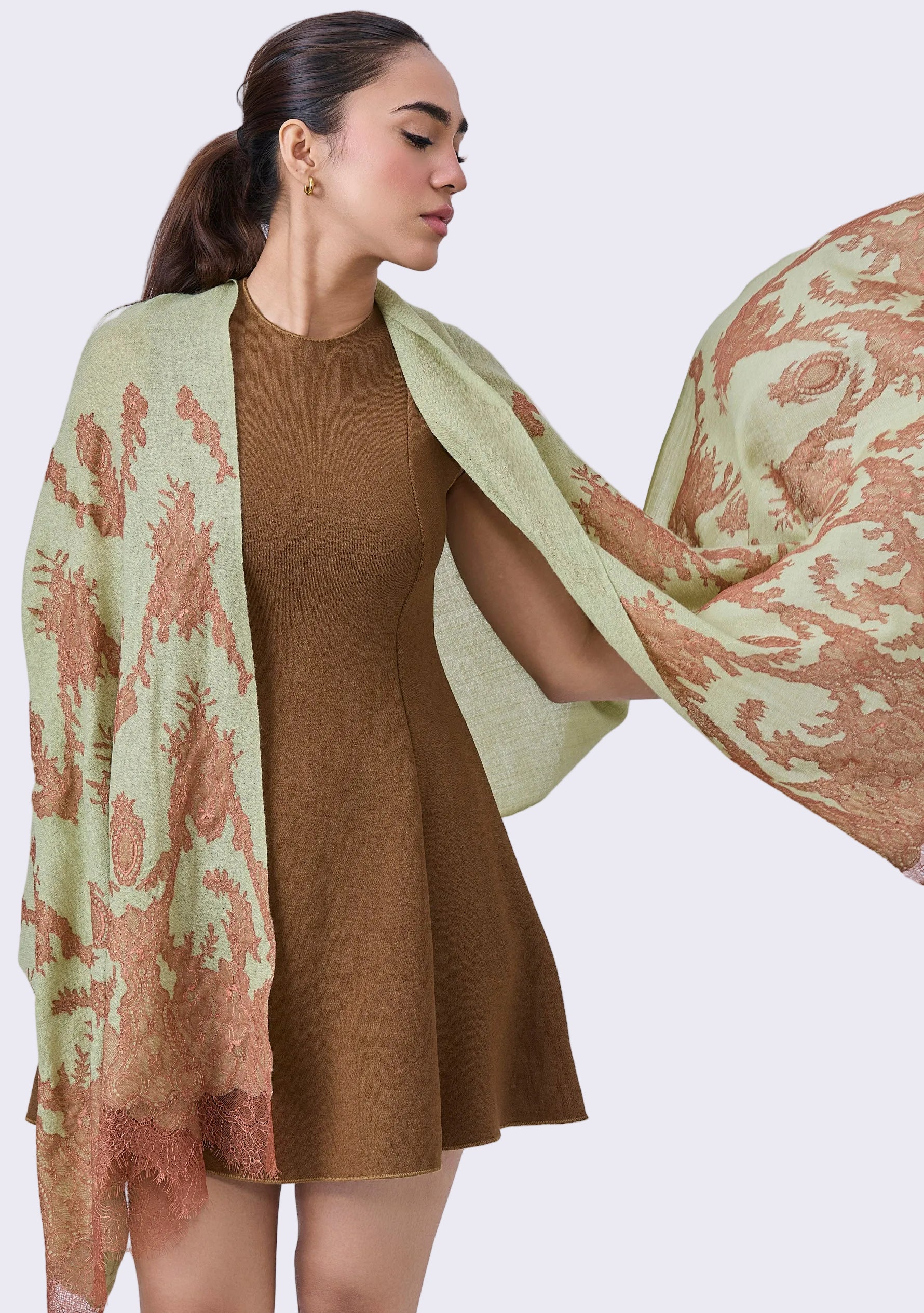 Maneesha Ruia Fern Green Cashmere Scarf — mocha mousse filigree lace appliqué on luxuriously soft cashmere