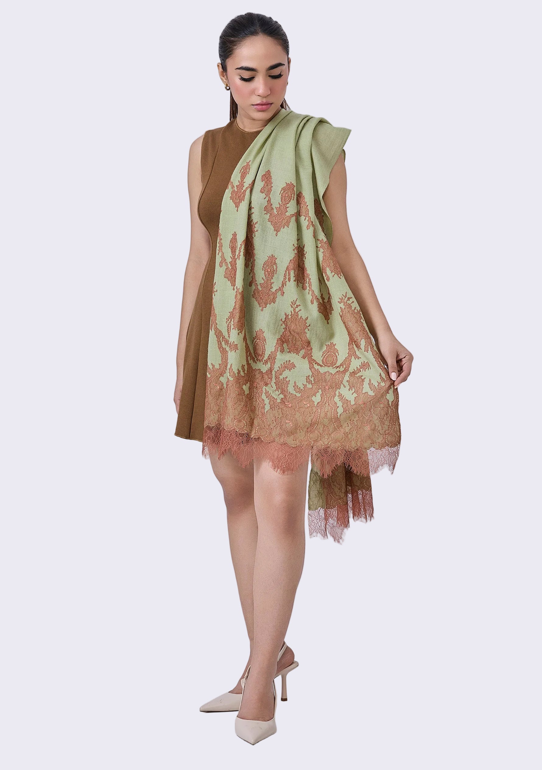 Maneesha Ruia Fern Green Cashmere Scarf — mocha mousse filigree lace appliqué on luxuriously soft cashmere
