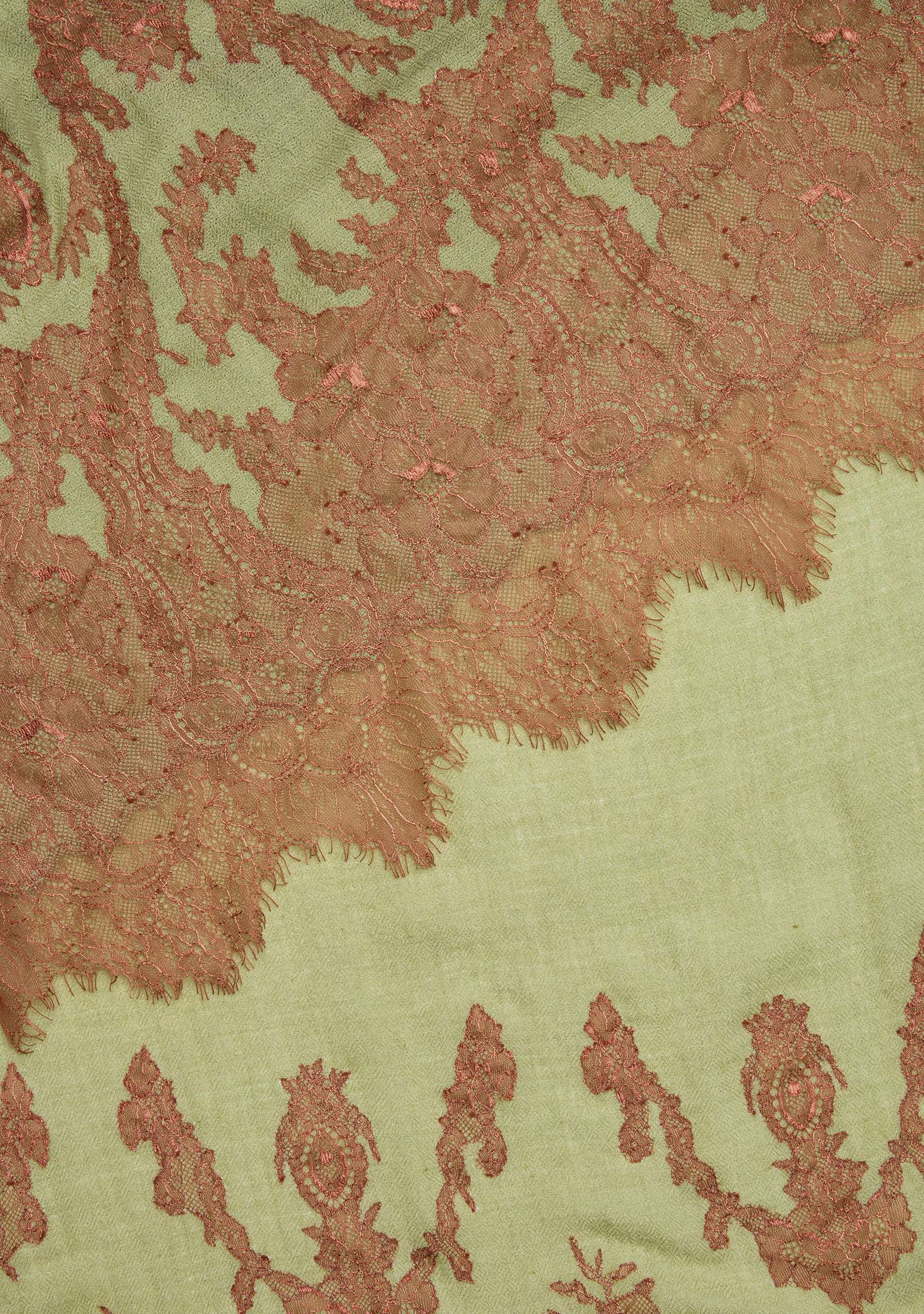 Maneesha Ruia Fern Green Cashmere Scarf — mocha mousse filigree lace appliqué on luxuriously soft cashmere
