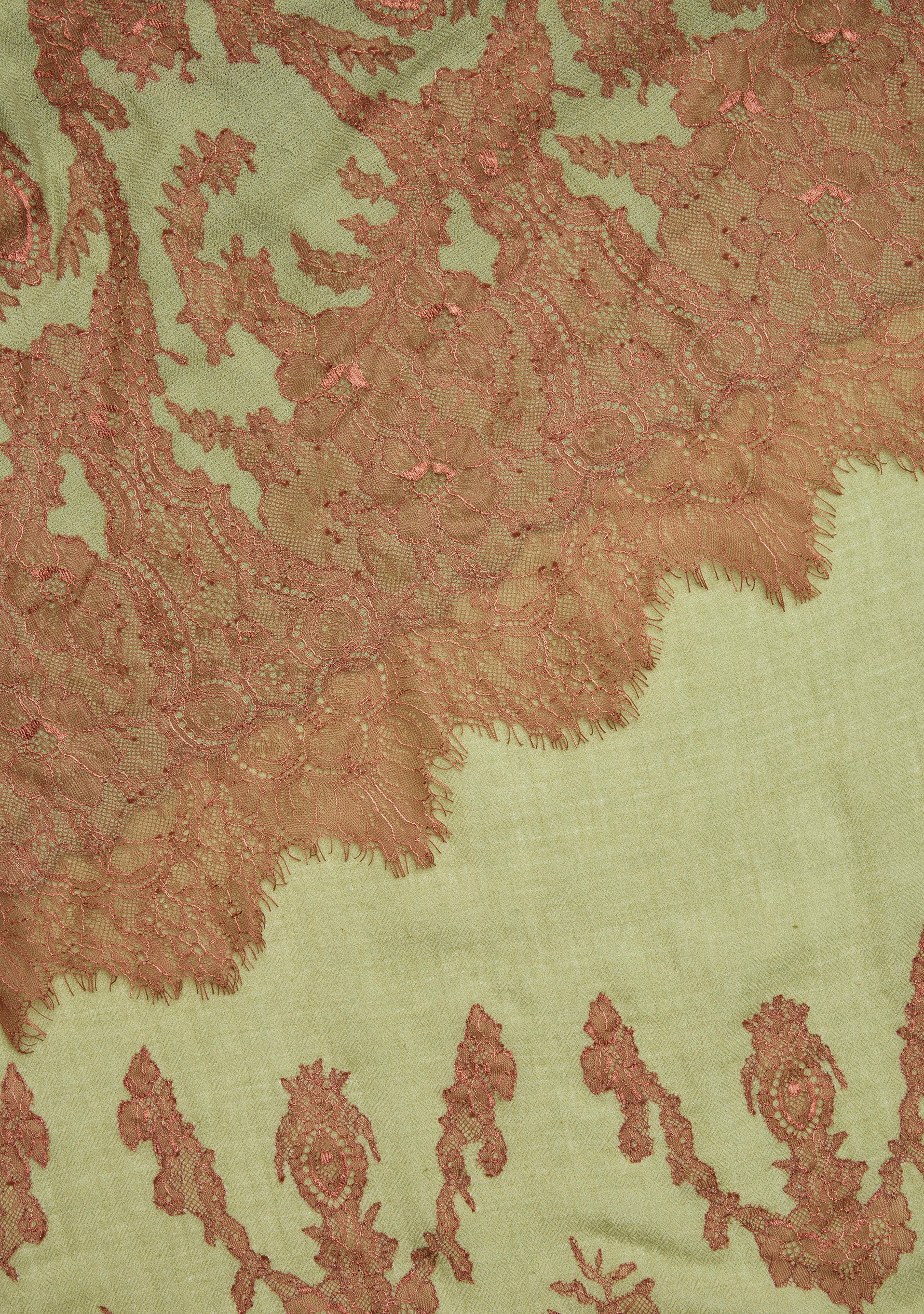 Maneesha Ruia Fern Green Cashmere Scarf — mocha mousse filigree lace appliqué on luxuriously soft cashmere