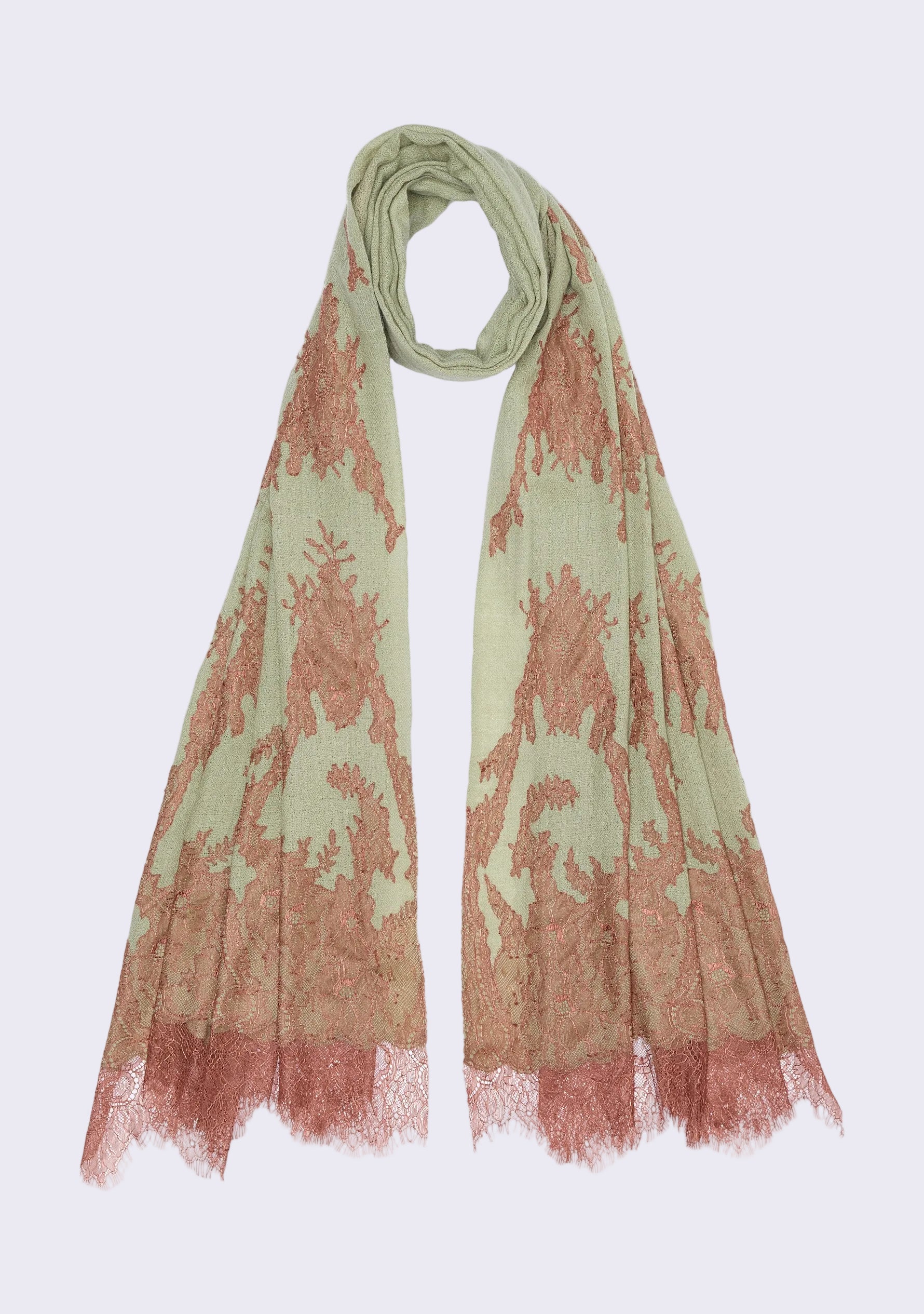 Maneesha Ruia Fern Green Cashmere Scarf — mocha mousse filigree lace appliqué on luxuriously soft cashmere