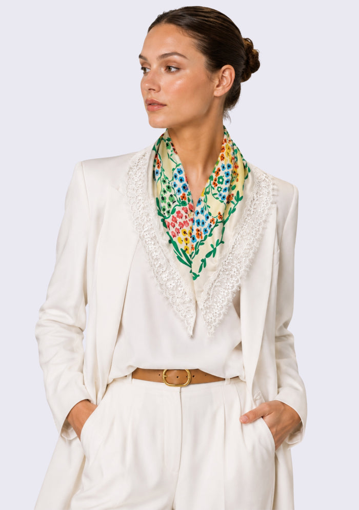 Maneesha Ruia Floral Maze Print Silk Square Scarf — vibrant floral print with ivory lace border in silk twill