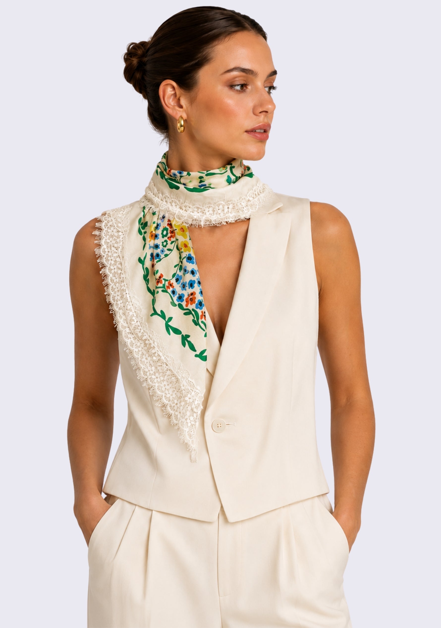 Maneesha Ruia Floral Maze Print Silk Square Scarf — vibrant floral print with ivory lace border in silk twill