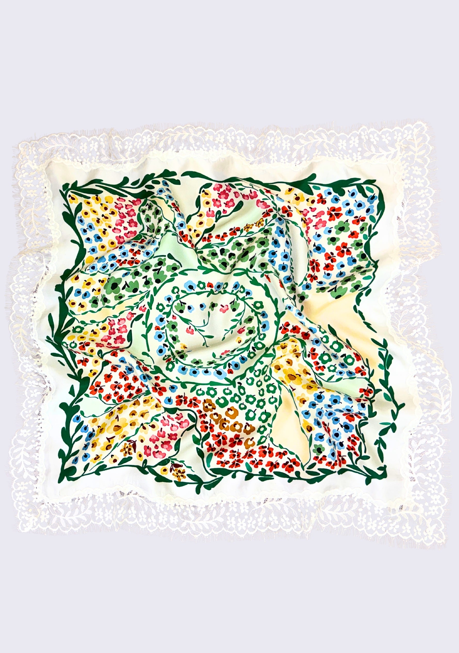 Maneesha Ruia Floral Maze Print Silk Square Scarf — vibrant floral print with ivory lace border in silk twill
