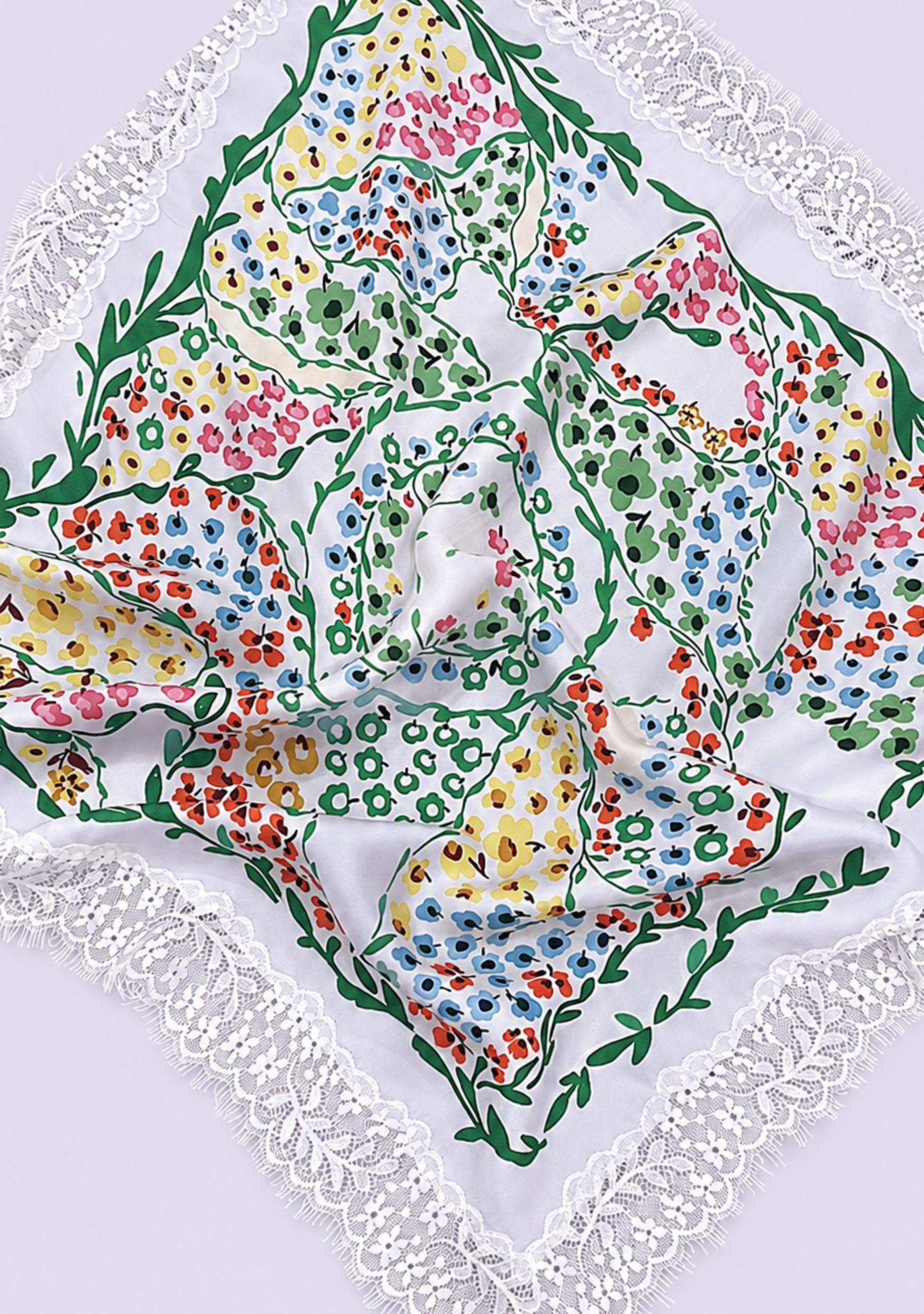Maneesha Ruia Floral Maze Print Silk Square Scarf — vibrant floral print with ivory lace border in silk twill