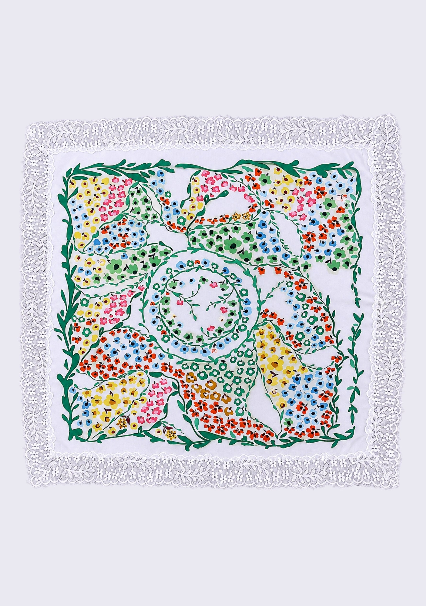 Maneesha Ruia Floral Maze Print Silk Square Scarf — vibrant floral print with ivory lace border in silk twill