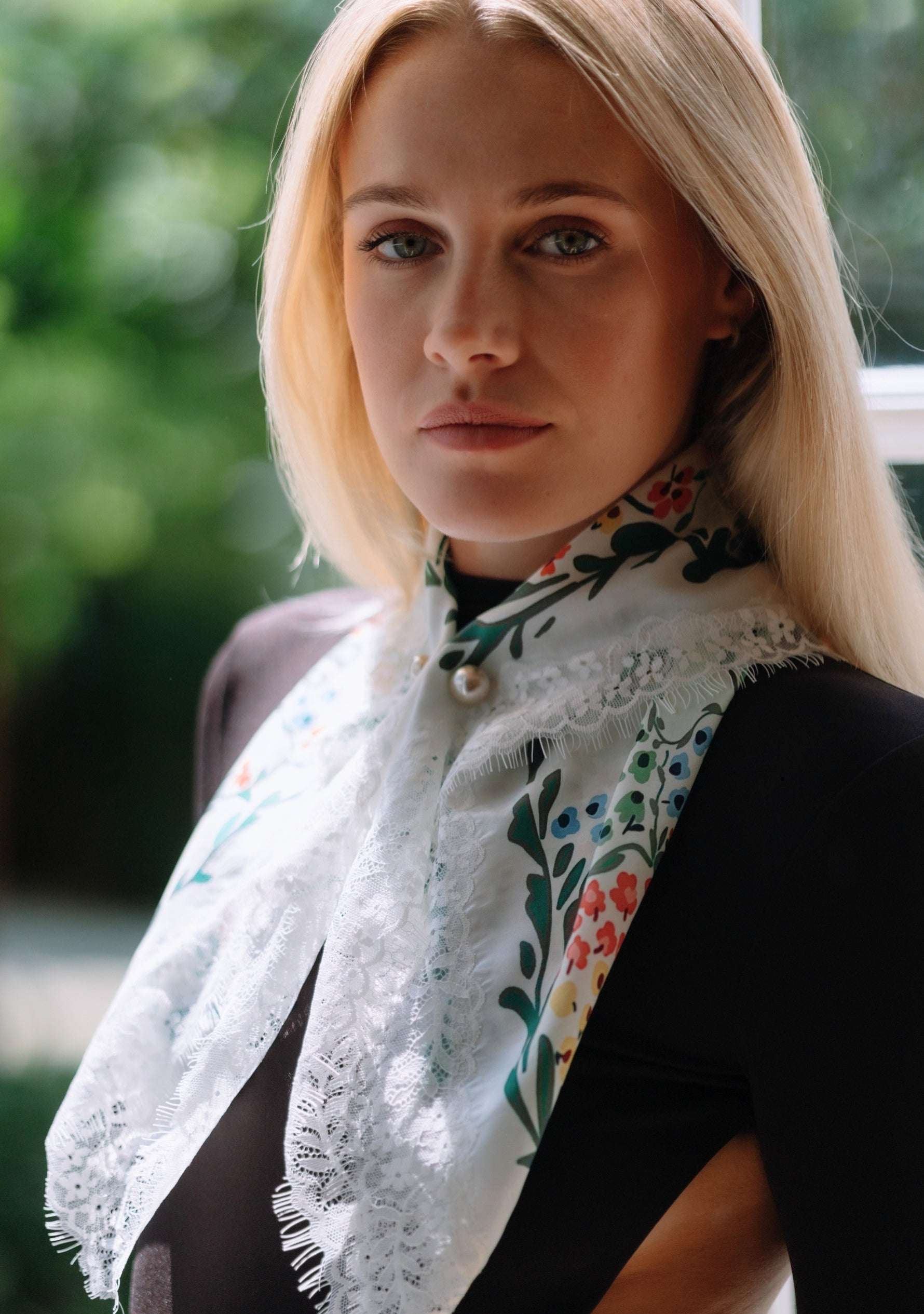 Maneesha Ruia Floral Maze Print Silk Square Scarf — vibrant floral print with ivory lace border in silk twill