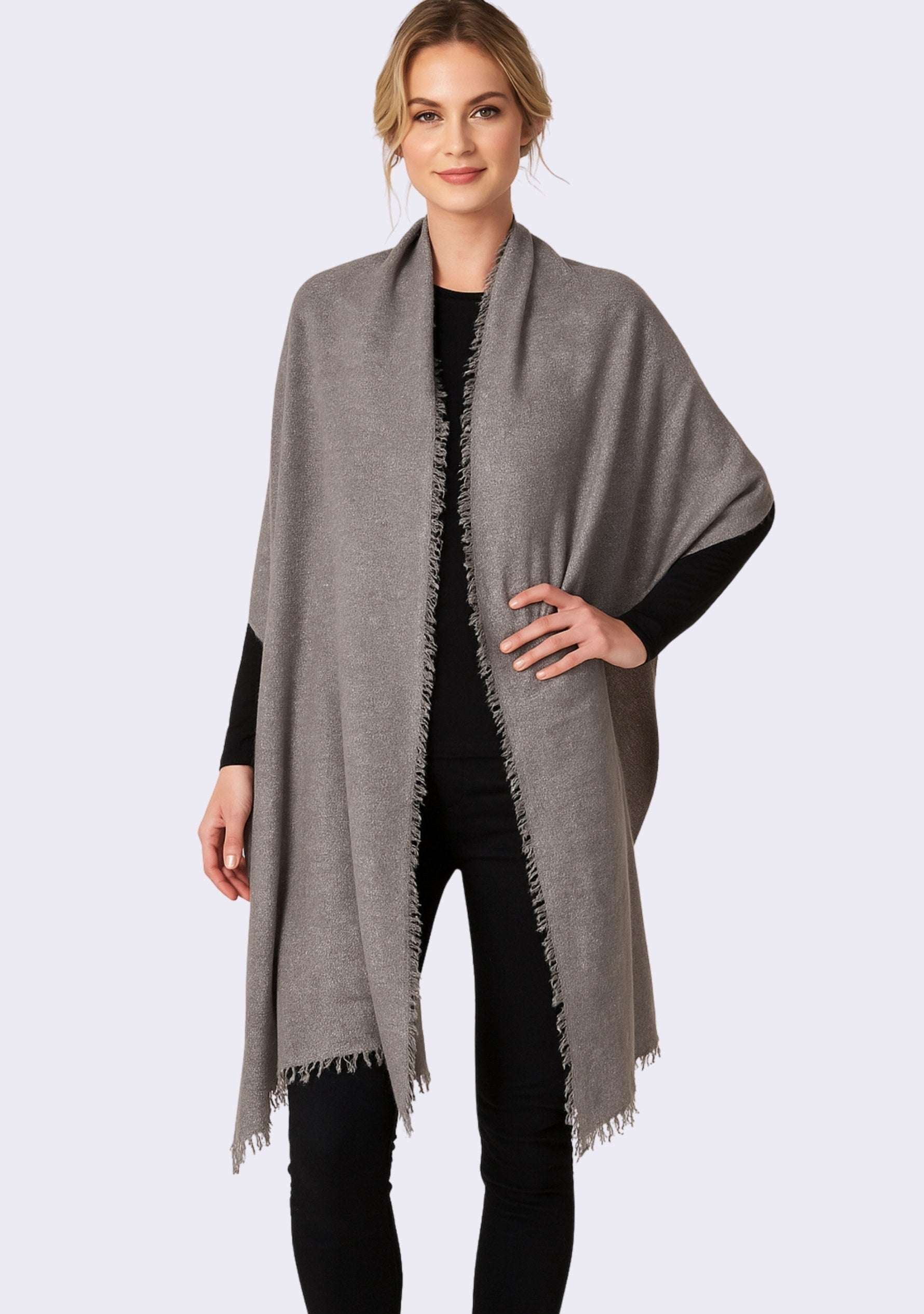 Maneesha Ruia gray knitted fine wool cashmere wrap with silver lurex, luxury designer winter wrap for women