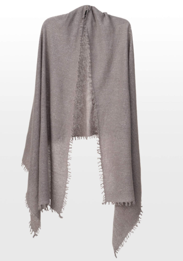 Maneesha Ruia gray knitted fine wool cashmere wrap with silver lurex, luxury designer winter wrap for women