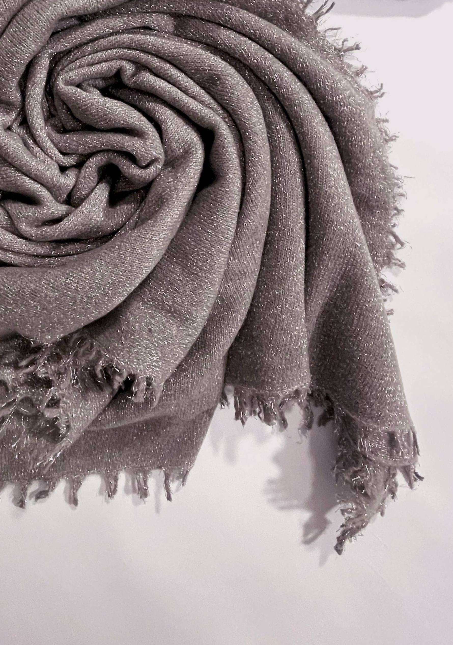 Maneesha Ruia gray knitted fine wool cashmere wrap with silver lurex, luxury designer winter wrap for women