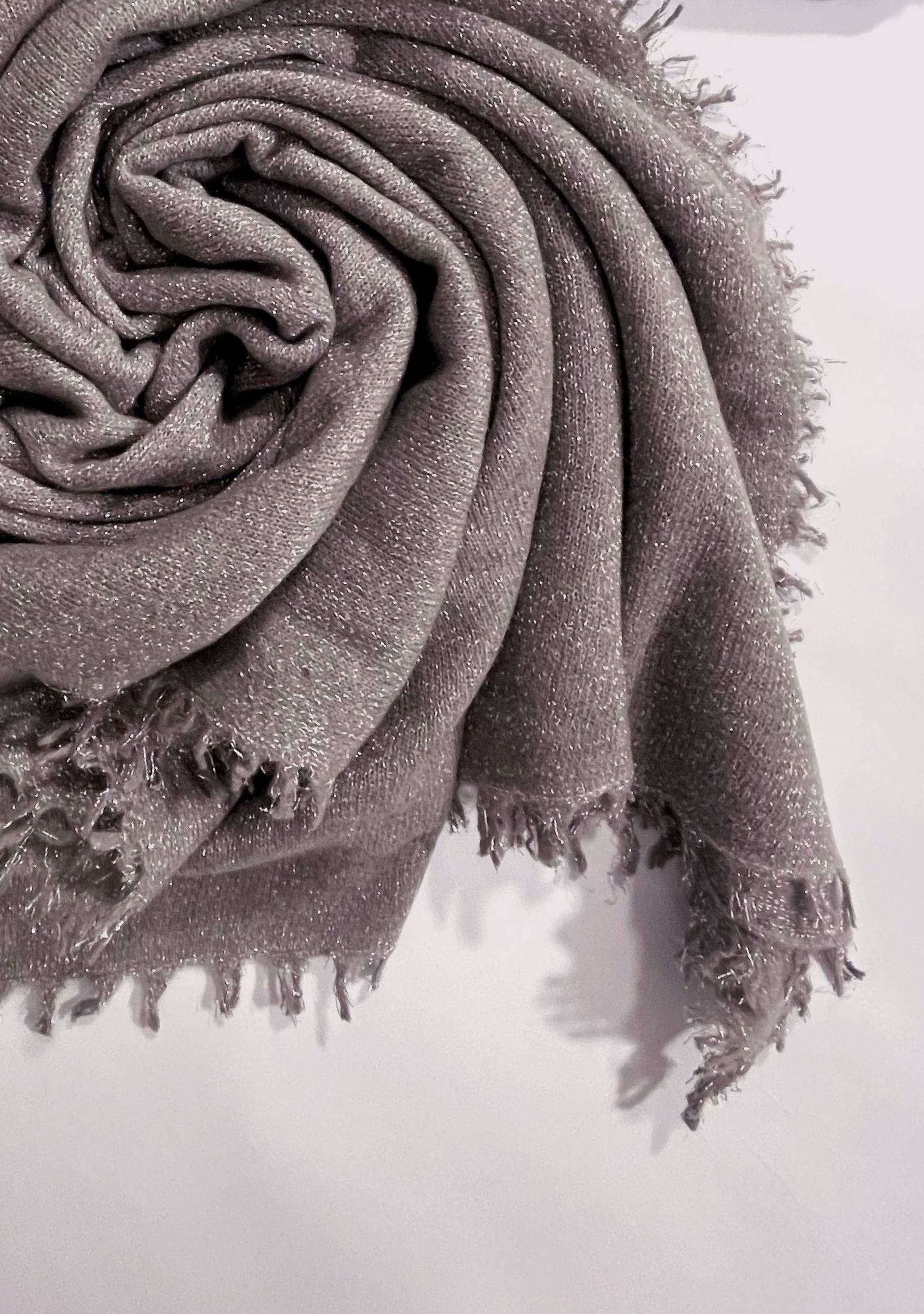Maneesha Ruia gray knitted fine wool cashmere wrap with silver lurex, luxury designer winter wrap for women
