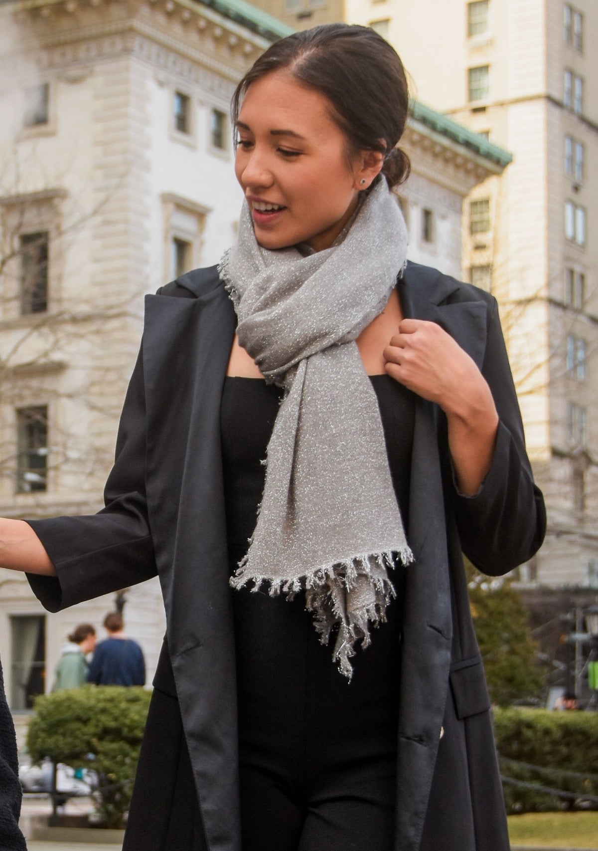 Maneesha Ruia gray knitted fine wool cashmere wrap with silver lurex, luxury designer winter wrap for women