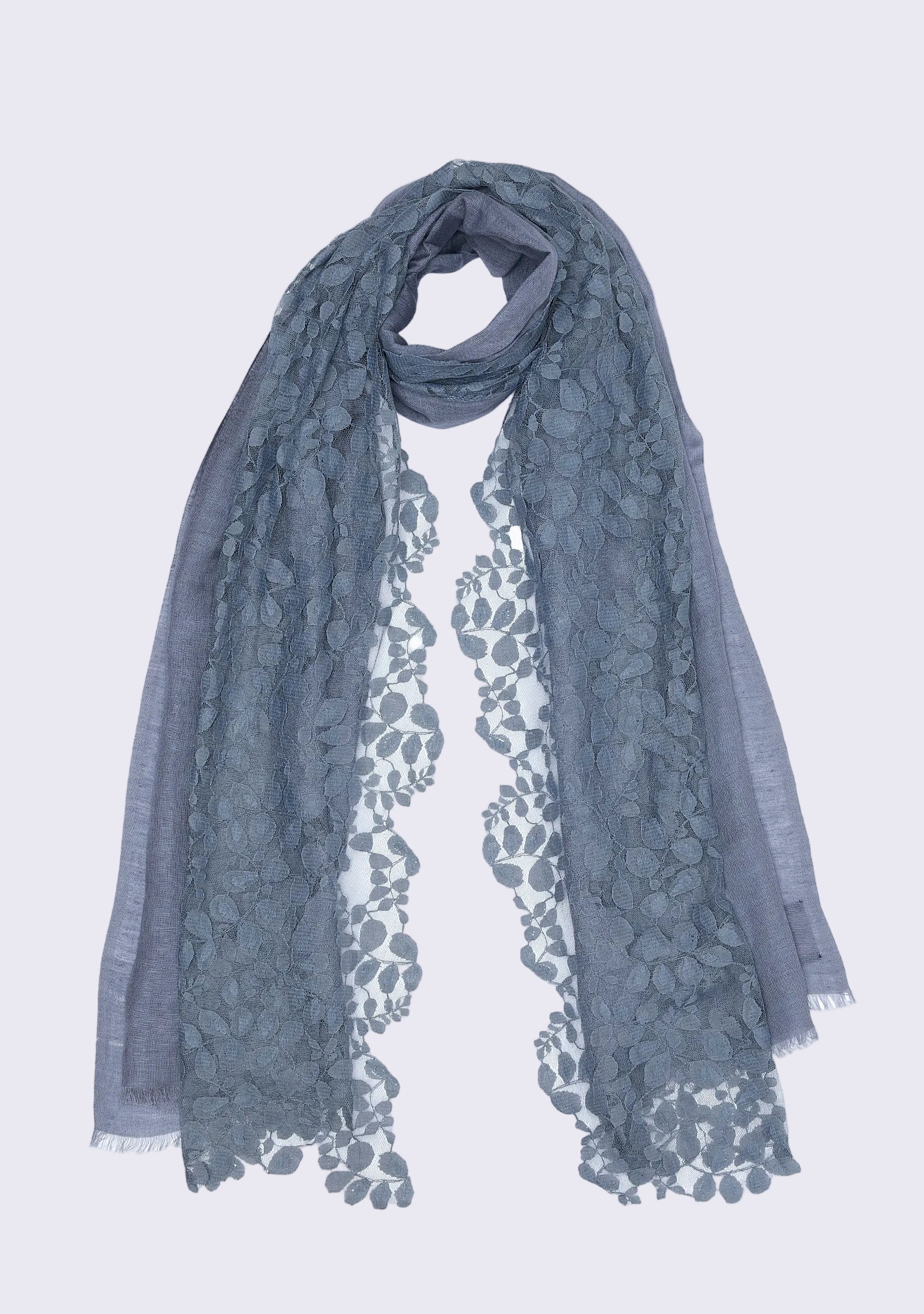 grey lace scarf on a light purple background