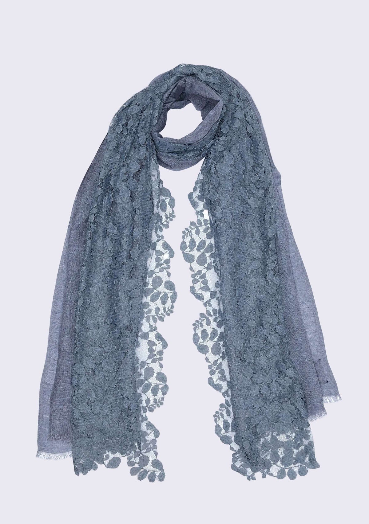 grey lace scarf on a light purple background