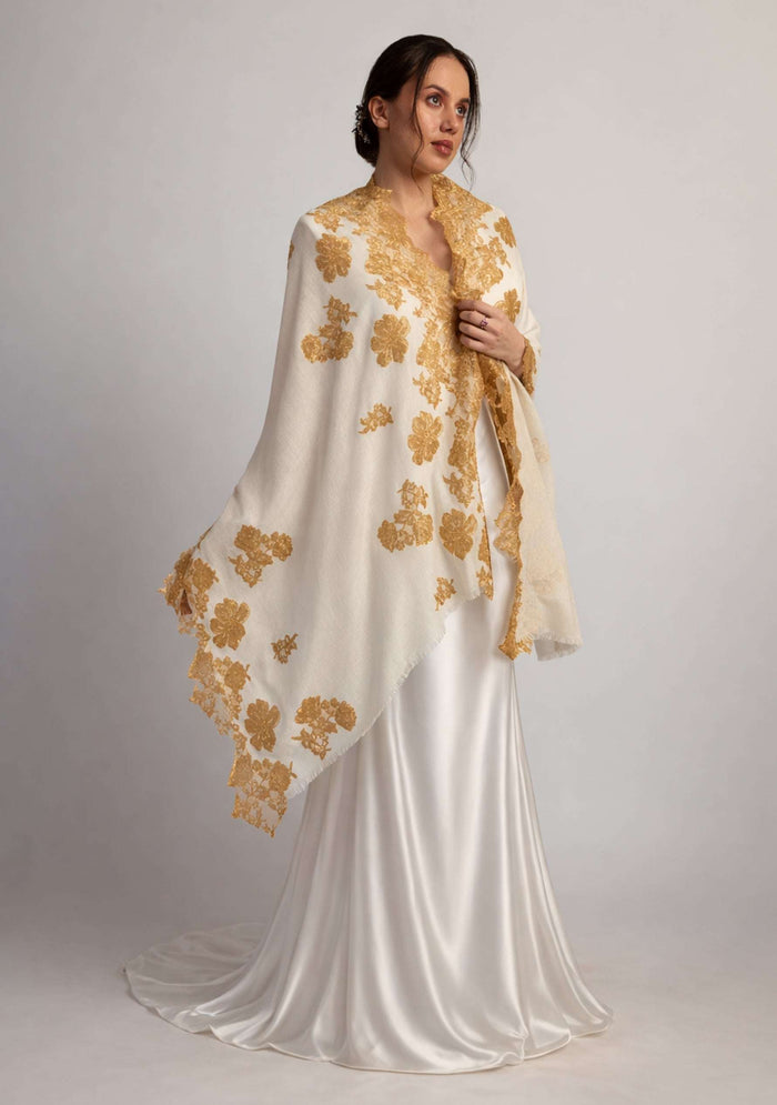 Maneesha Ruia ivory cashmere bridal scarf with white bead embellishments, luxury wedding scarf for brides
