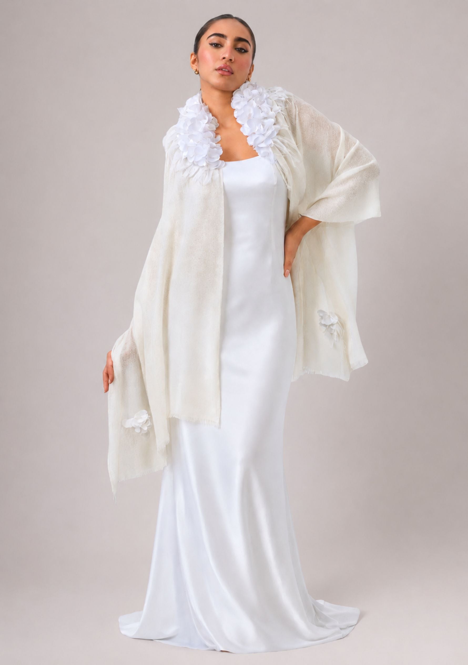 Maneesha Ruia ivory cashmere scarf with ivory feather satin appliqué, luxury designer bridal scarf for women