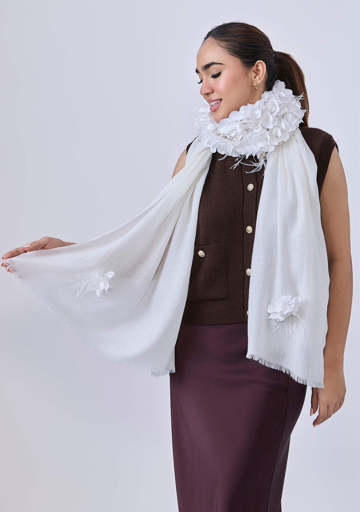 Maneesha Ruia ivory cashmere scarf with ivory feather satin appliqué, luxury designer bridal scarf for women