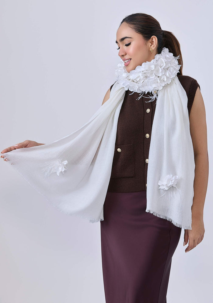 Maneesha Ruia ivory cashmere scarf with ivory feather satin appliqué, luxury designer bridal scarf for women