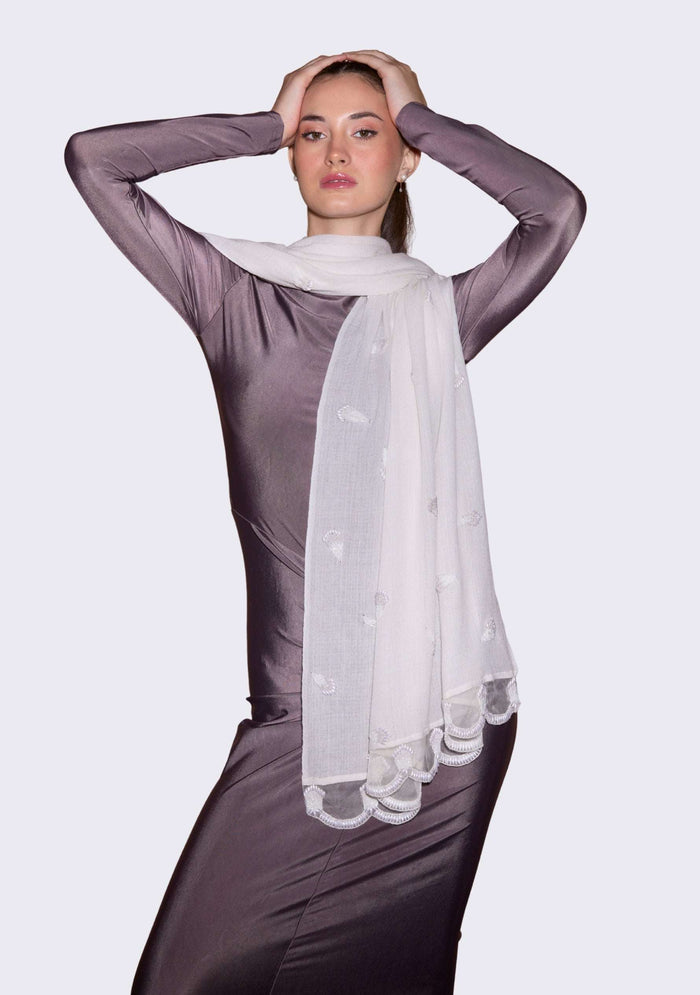 Maneesha Ruia ivory cashmere scarf with hand-beaded pearls and scalloped organza border, luxury designer scarf