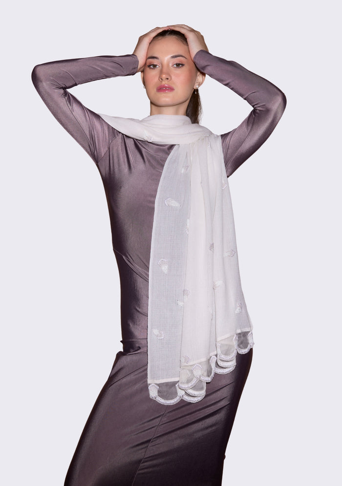 Maneesha Ruia ivory cashmere scarf with hand-beaded pearls and scalloped organza border, luxury designer scarf