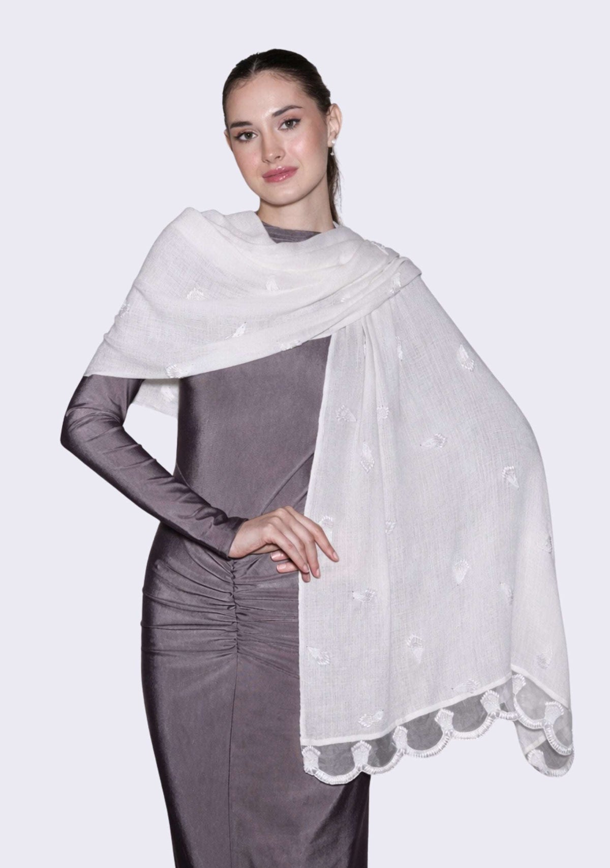Maneesha Ruia ivory cashmere scarf with hand-beaded pearls and scalloped organza border, luxury designer scarf