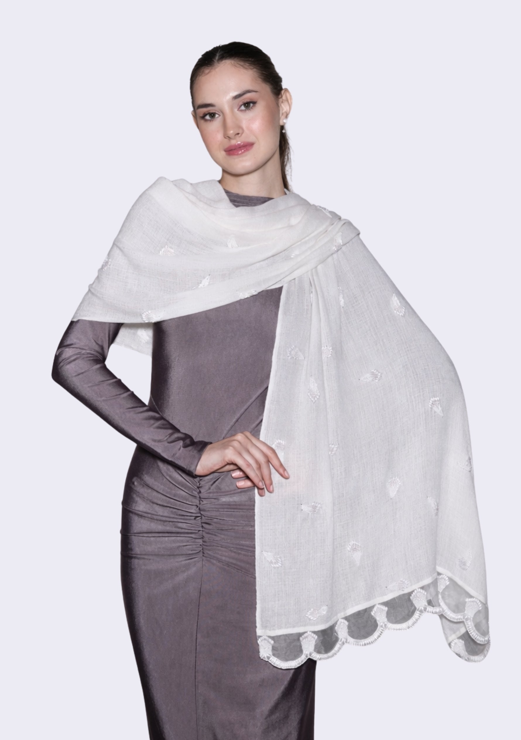 Maneesha Ruia ivory cashmere scarf with hand-beaded pearls and scalloped organza border, luxury designer scarf
