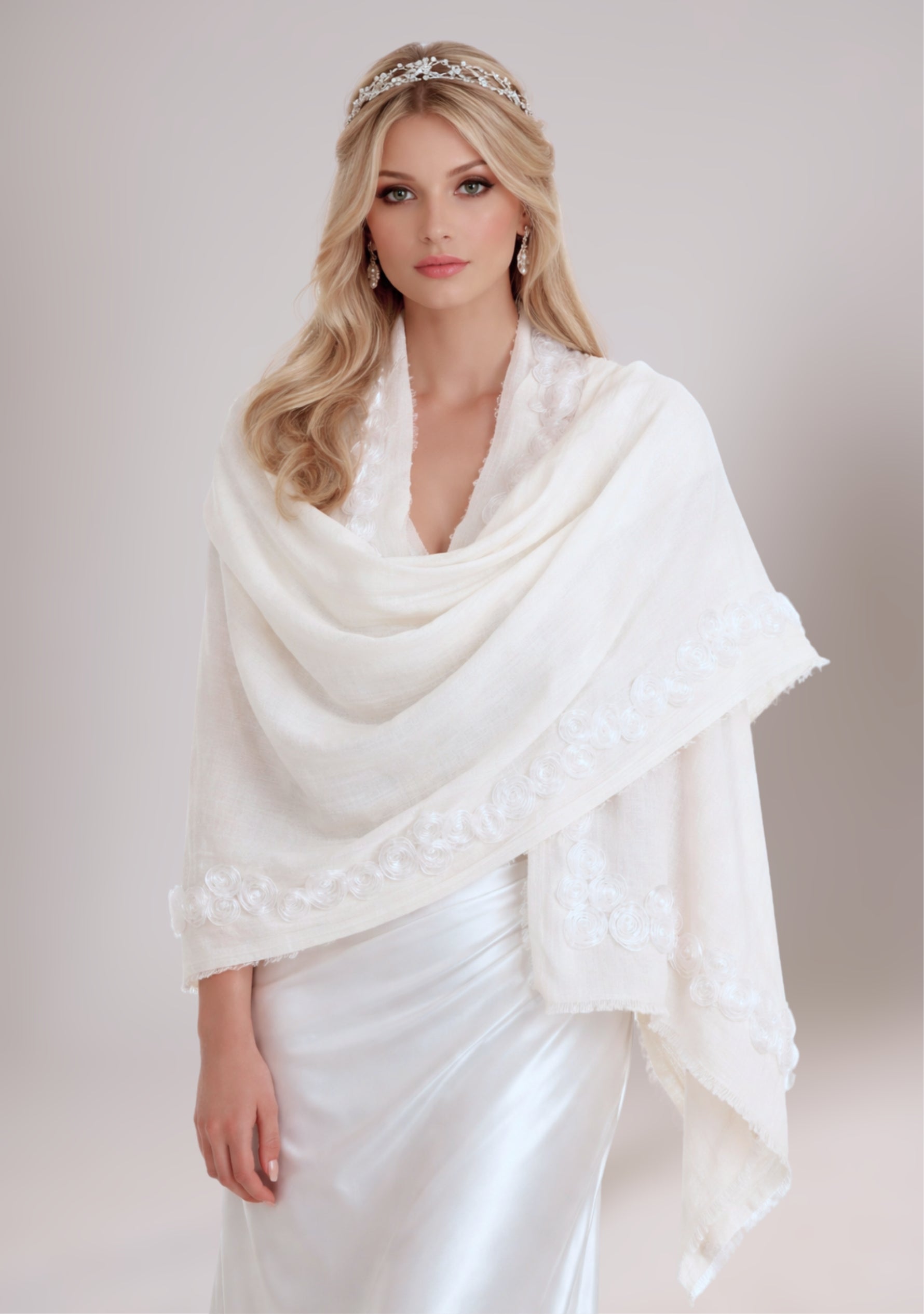 Maneesha Ruia ivory cashmere bridal scarf with ivory ribbon roses, luxury handcrafted wedding scarf for brides