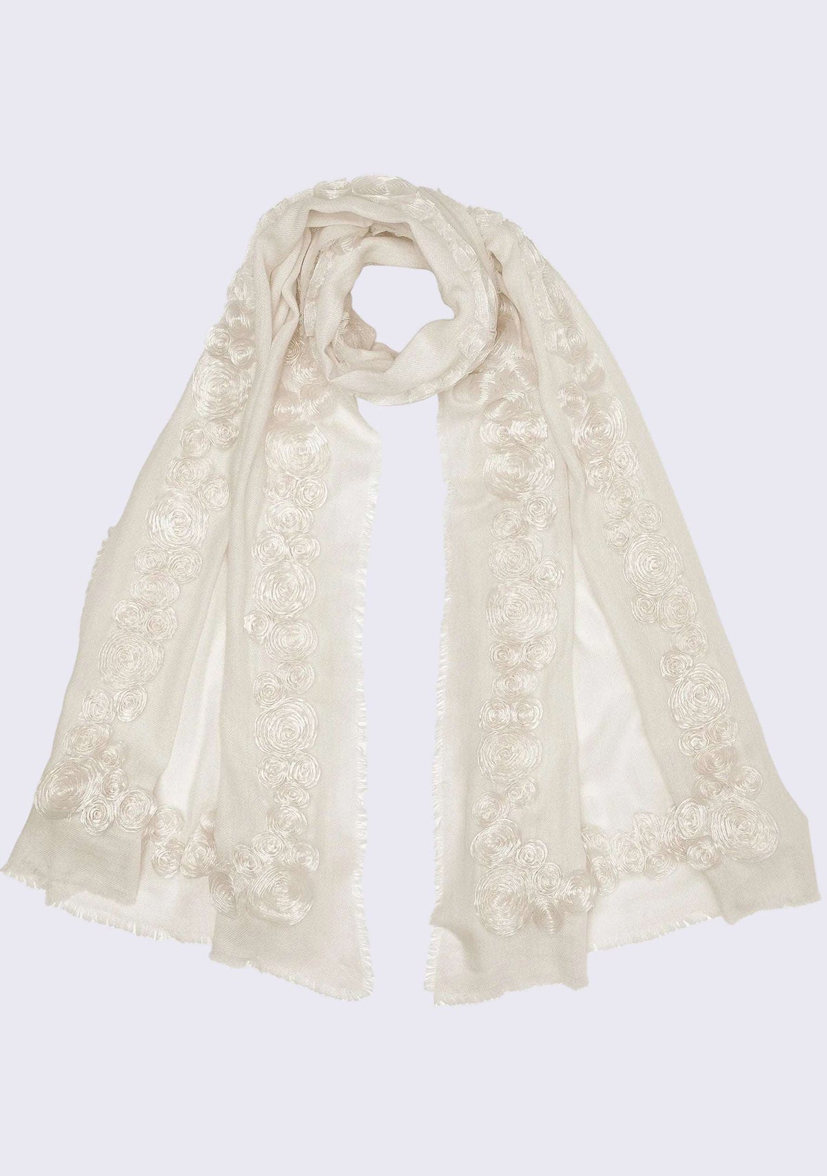 Maneesha Ruia ivory cashmere bridal scarf with ivory ribbon roses, luxury handcrafted wedding scarf for brides