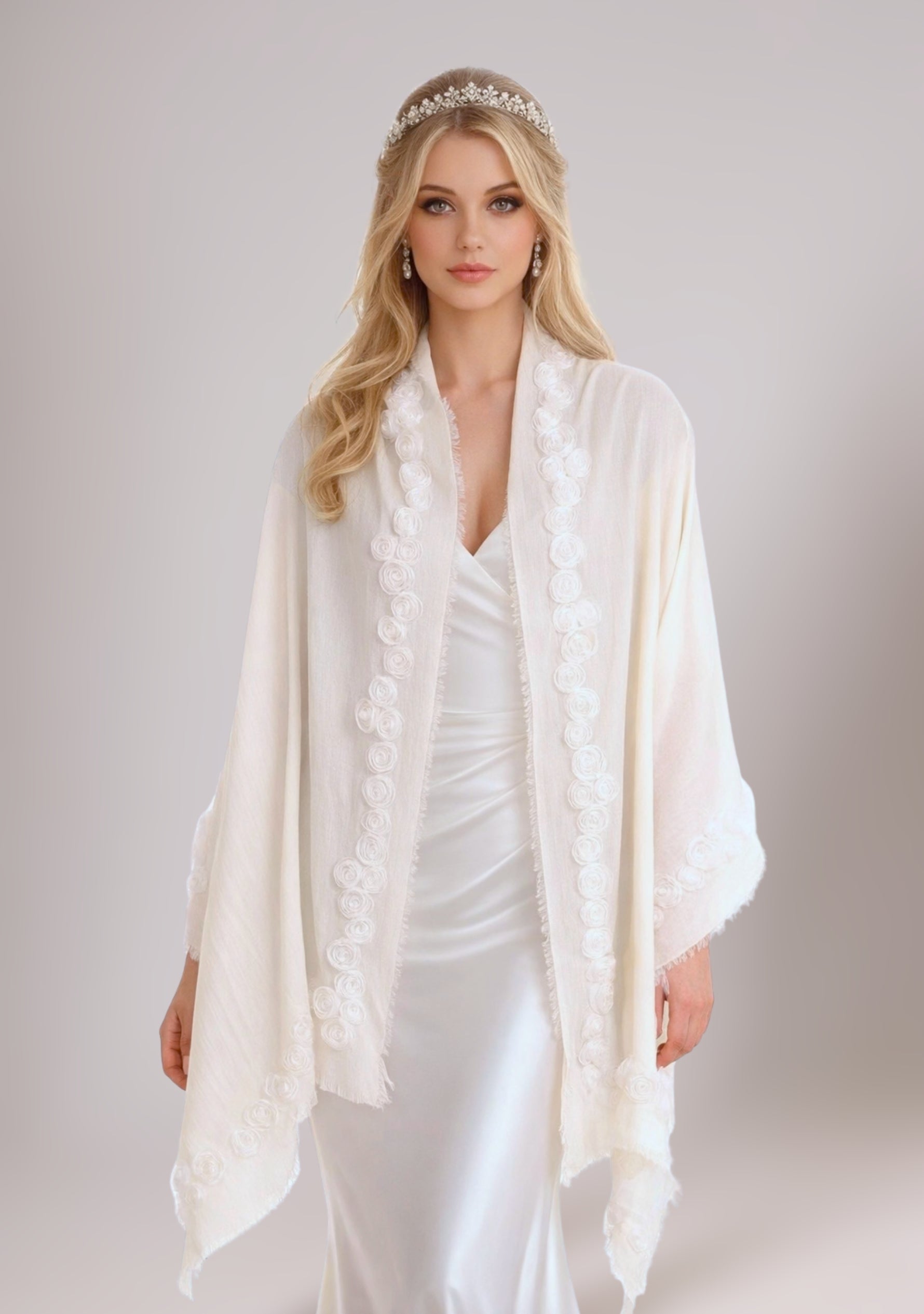 Maneesha Ruia ivory cashmere bridal scarf with ivory ribbon roses, luxury handcrafted wedding scarf for brides
