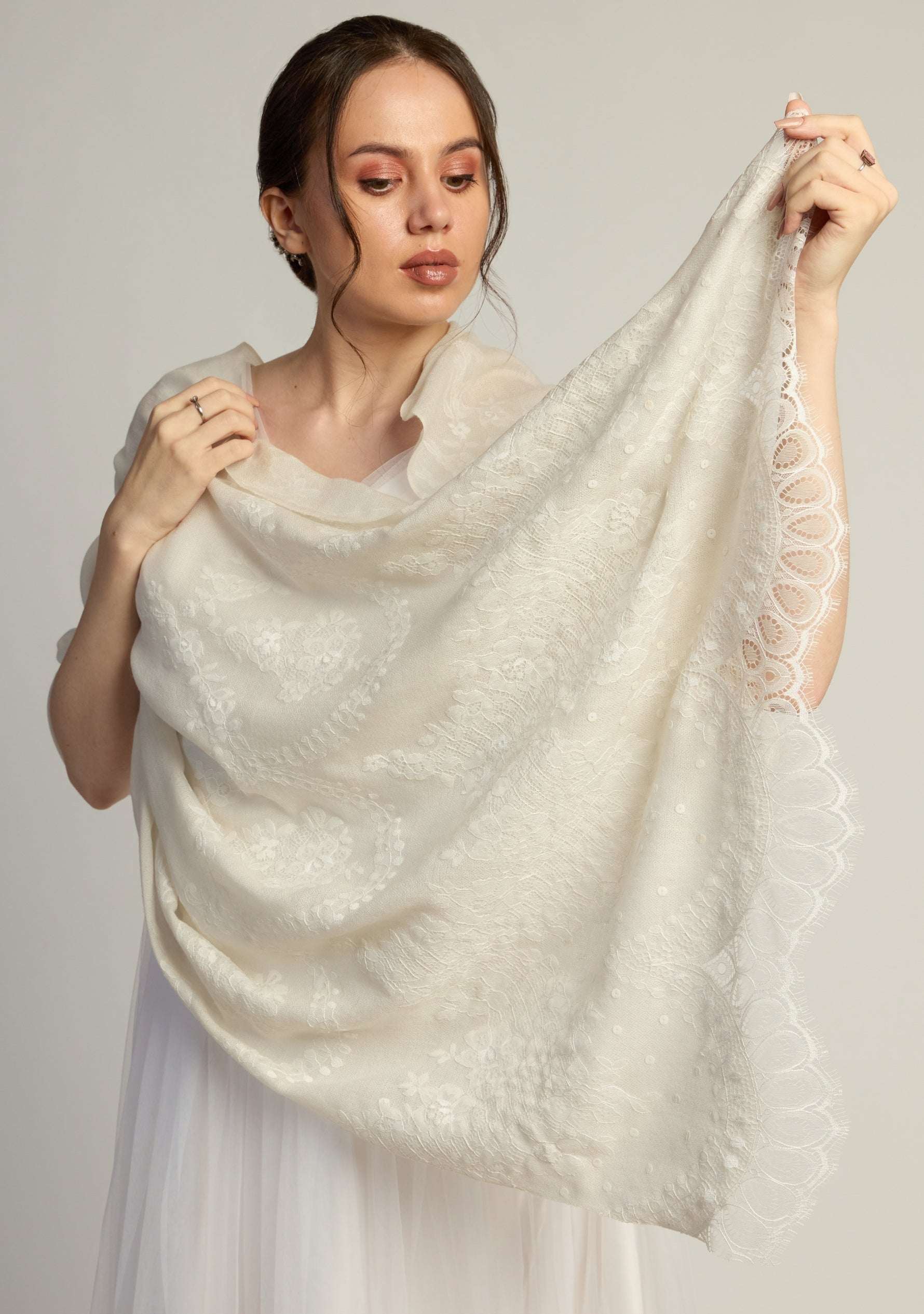 Maneesha Ruia ivory cashmere bridal scarf with white lace and sequins, luxury wedding scarf for brides