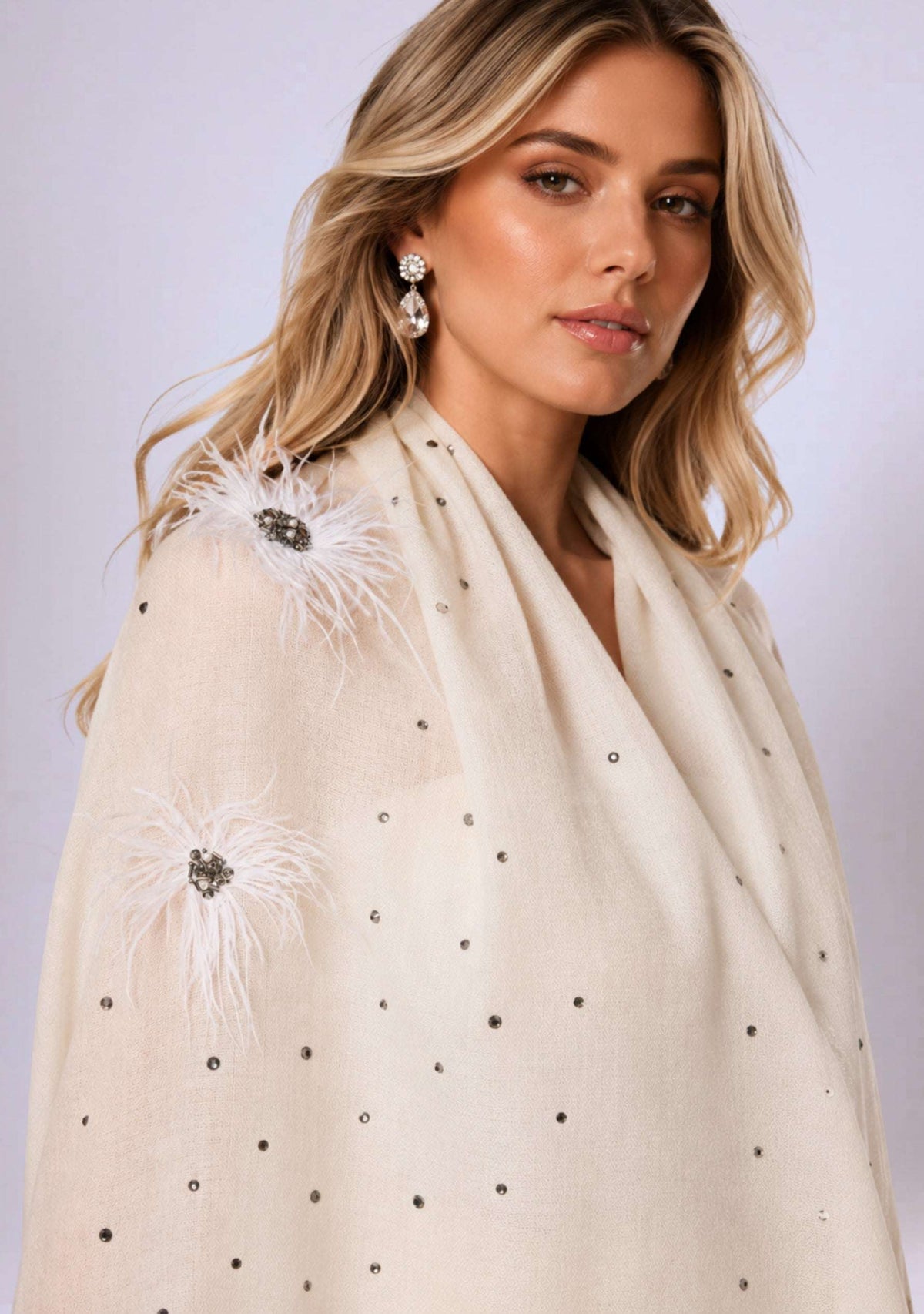 Maneesha Ruia Ivory Cashmere Scarf — white ostrich feather flowers, Swarovski crystals, and metallic embroidery