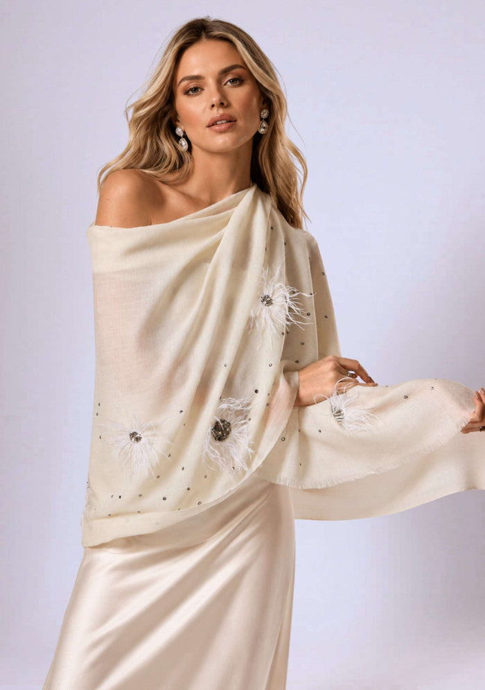 Maneesha Ruia Ivory Cashmere Scarf — white ostrich feather flowers with metallic embroidery and Swarovski crystals