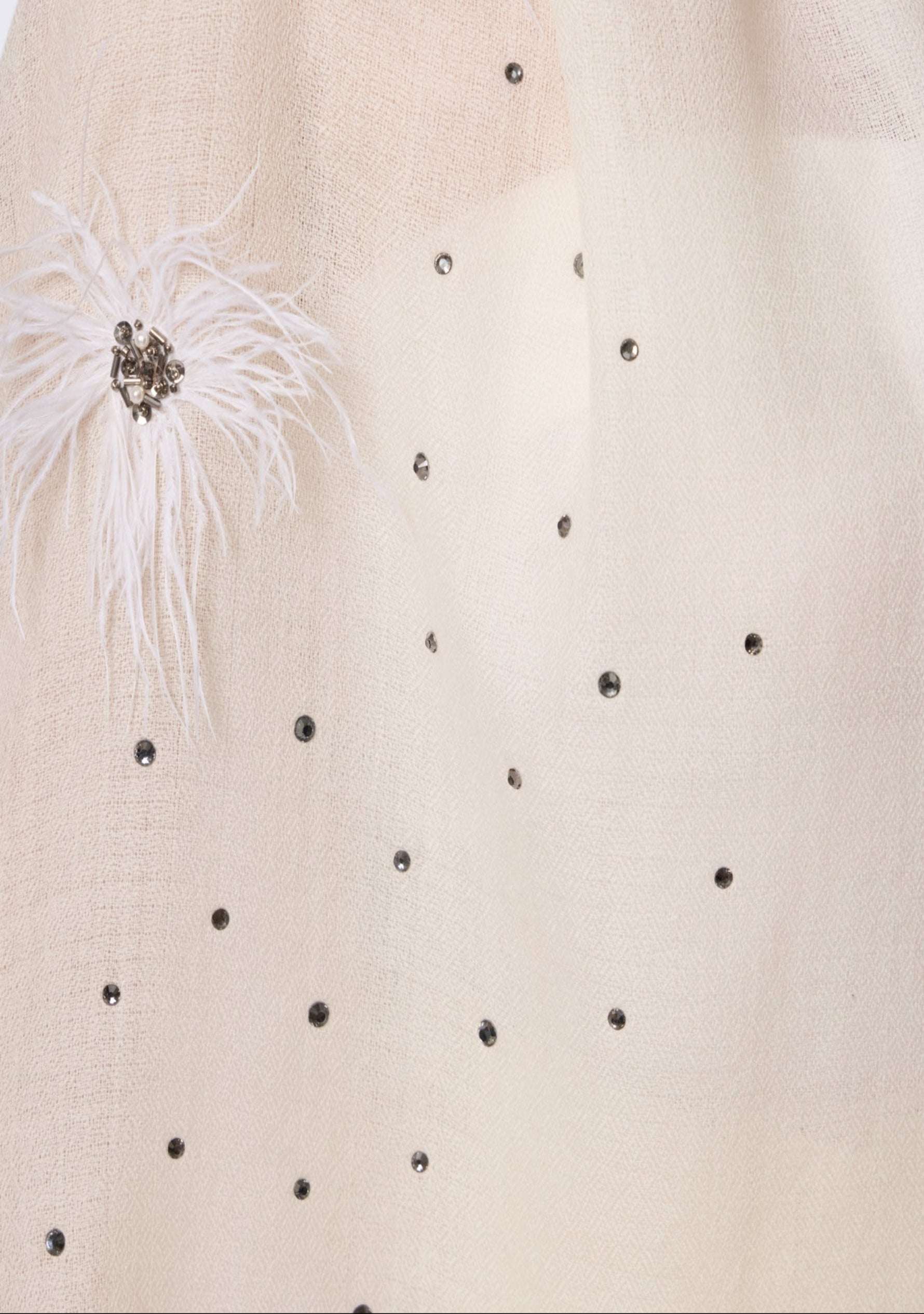Maneesha Ruia Ivory Cashmere Scarf — white ostrich feather flowers with Swarovski crystals and metallic embroidery