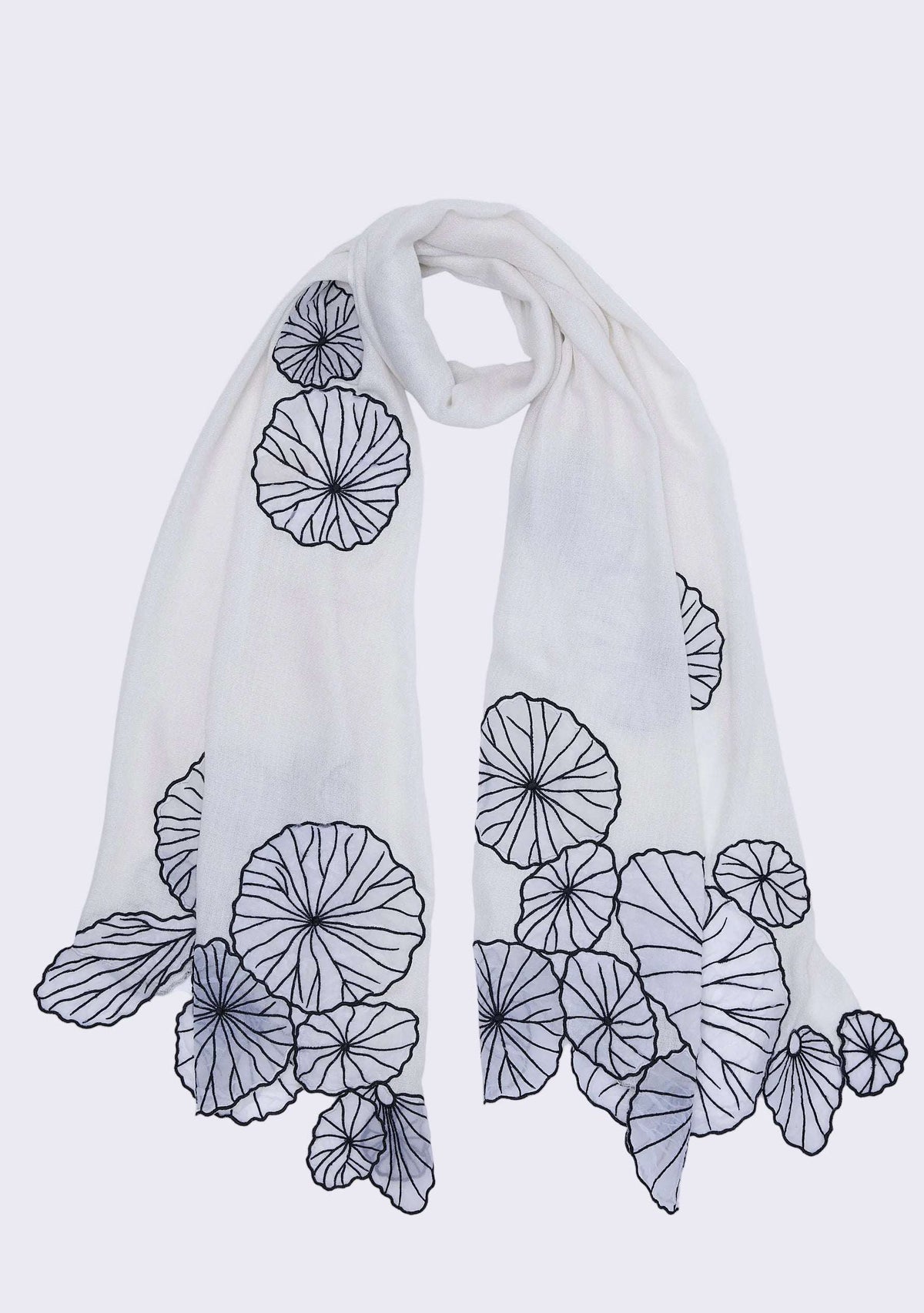Maneesha Ruia Ivory Cashmere Scarf — cascading white and black lotus leaf appliqués on luxuriously soft cashmere